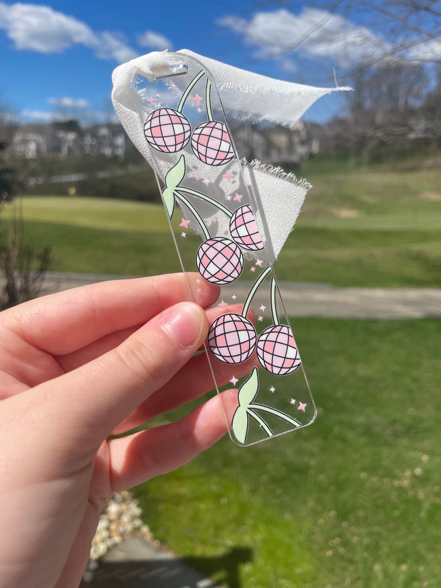 Disco Ball Cherries Clear Acrylic Bookmark with Chiffon Ribbon