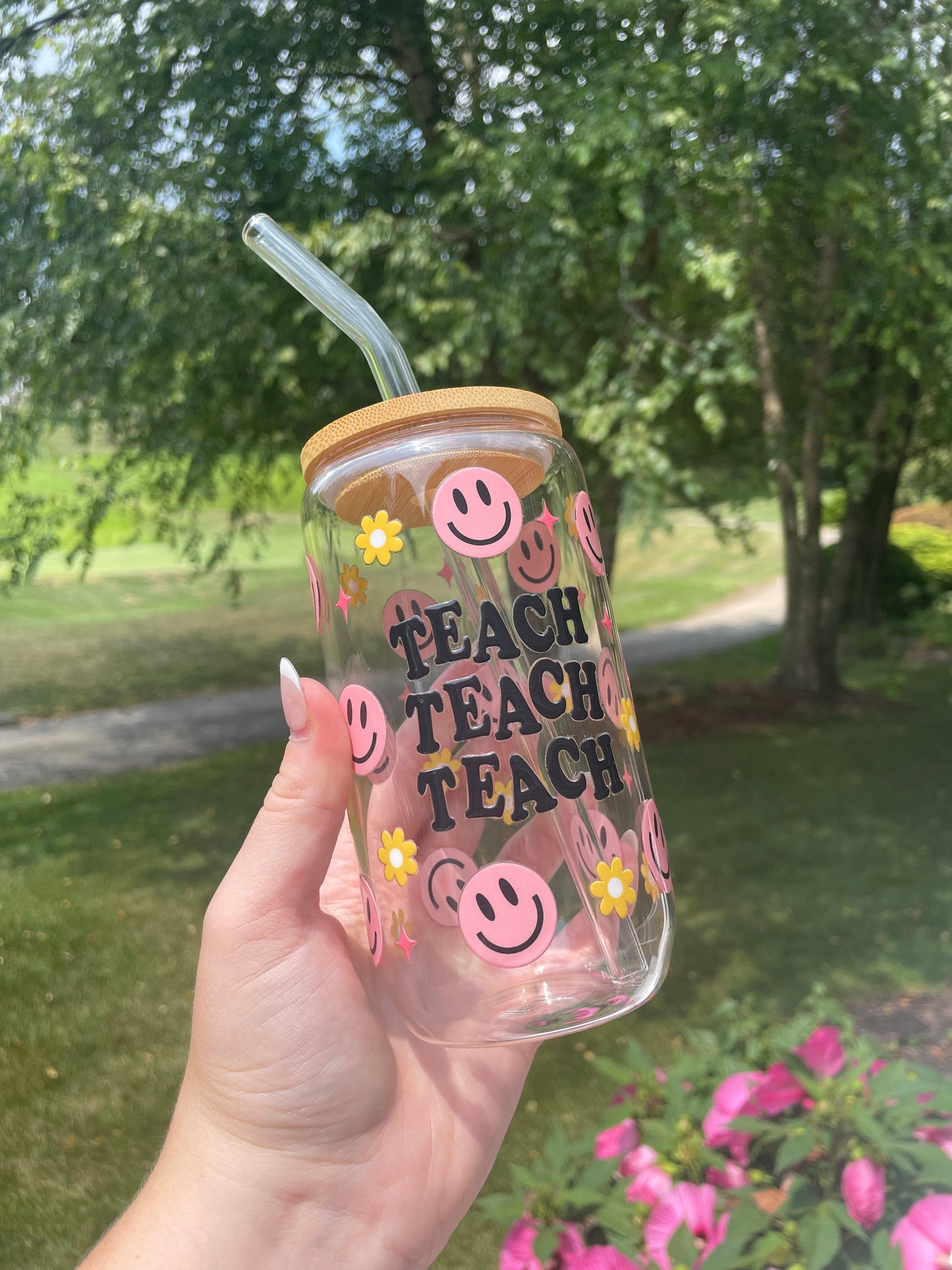 Happy Smiley Faces and Flowers Teaching Glass Cup with Bamboo Lid and Glass Straw