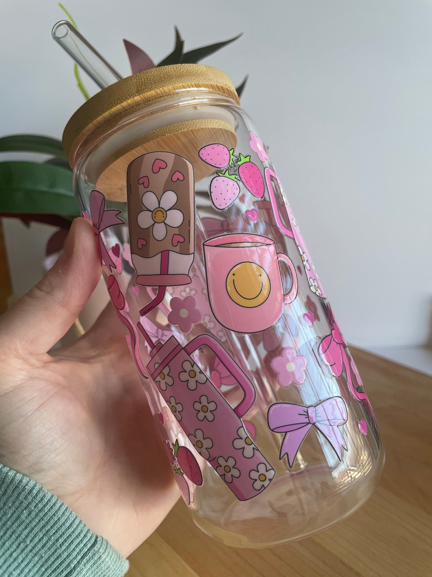 Pink Groovy Girly Glass Cup with Bamboo Lid and Glass Straw