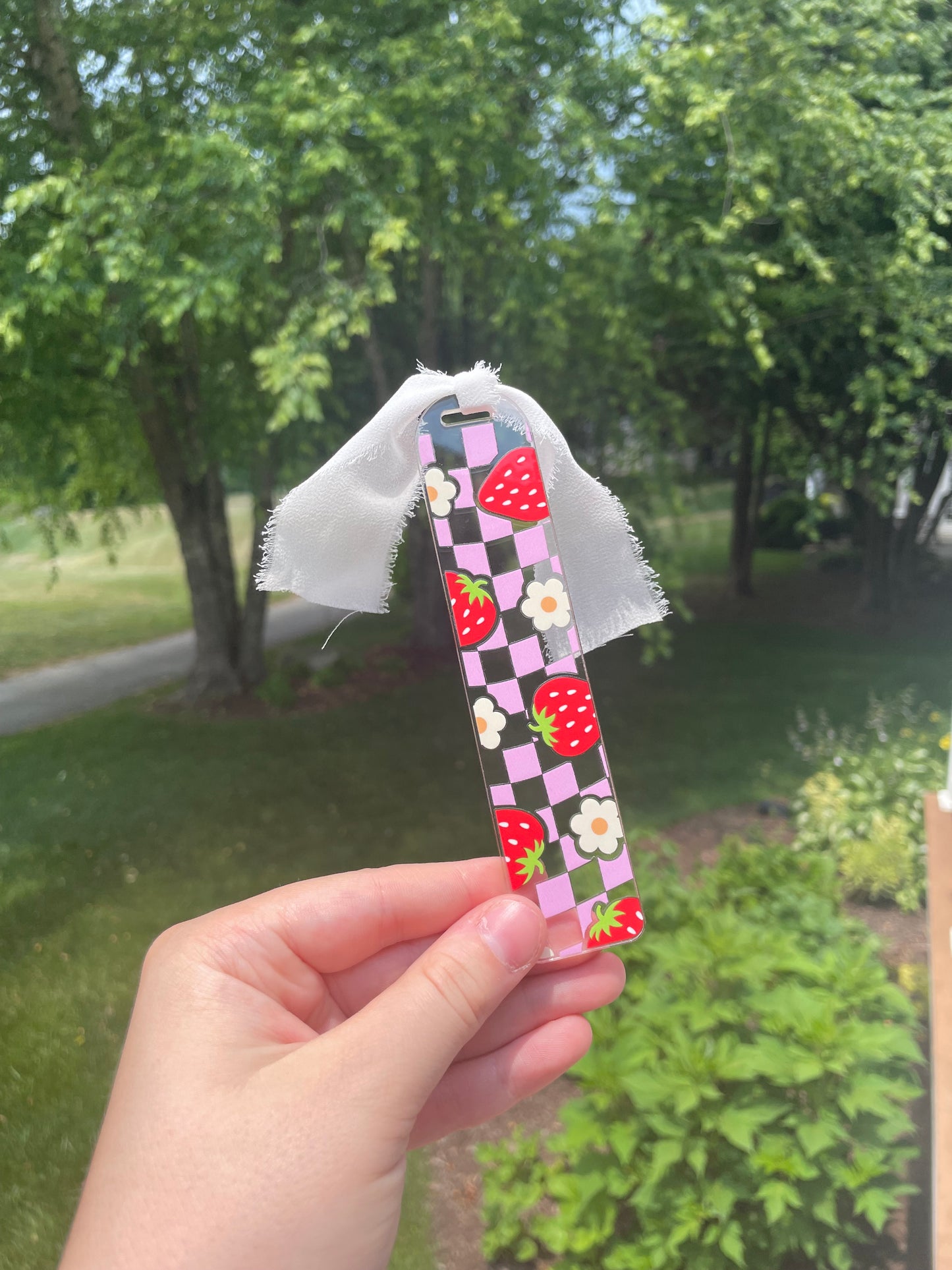 Strawberries and Pink Checkers Clear Acrylic Bookmark with Chiffon Ribbon