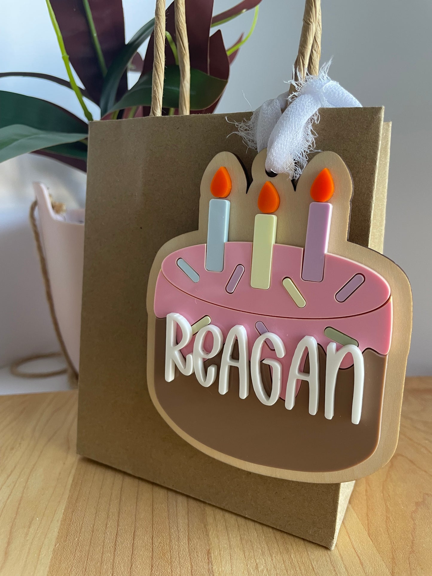 Birthday Cake Acrylic Gift Tag with Chiffon Ribbon