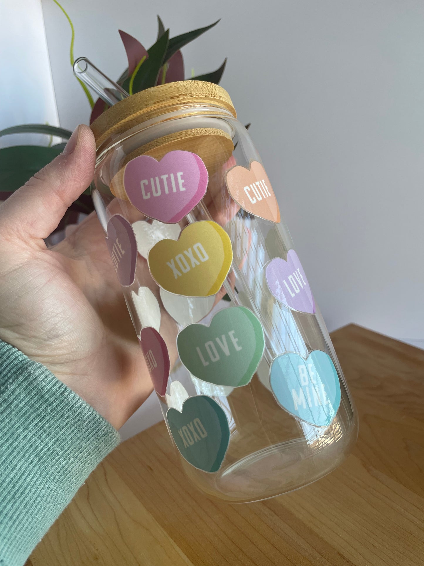 Conversation Hearts Glass Cup with Bamboo Lid and Glass Straw