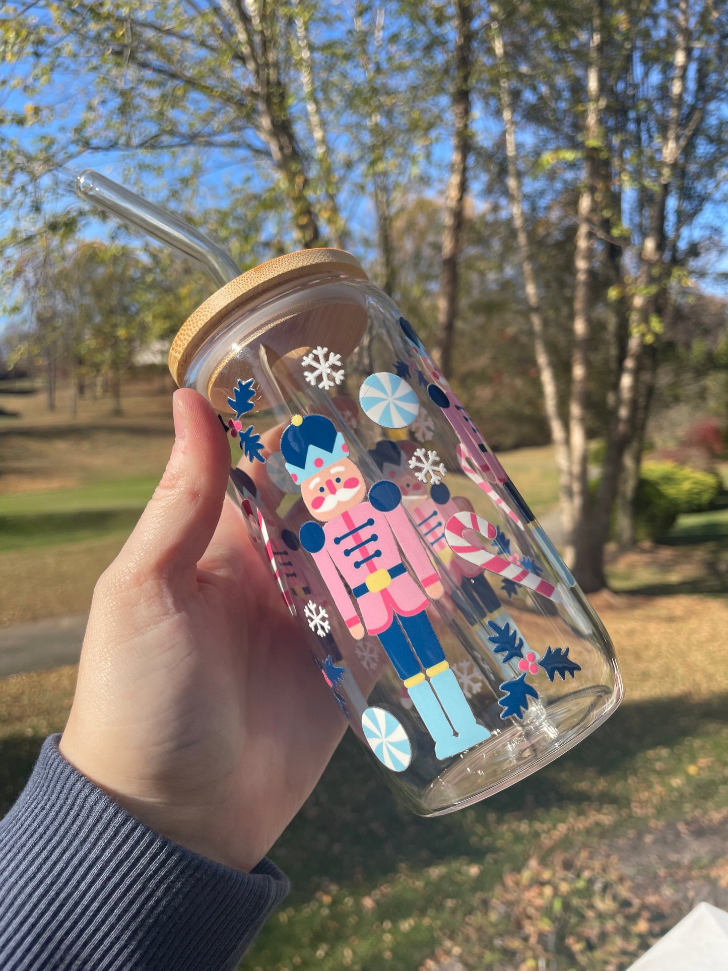 Blue Nutcrackers Holiday Glass Cup with Bamboo Lid and Glass Straw