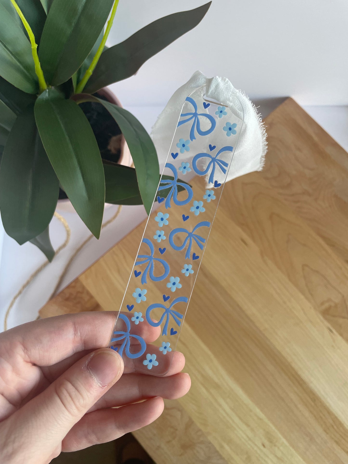 Pretty Blue Bows Clear Acrylic Bookmark with Chiffon Ribbon