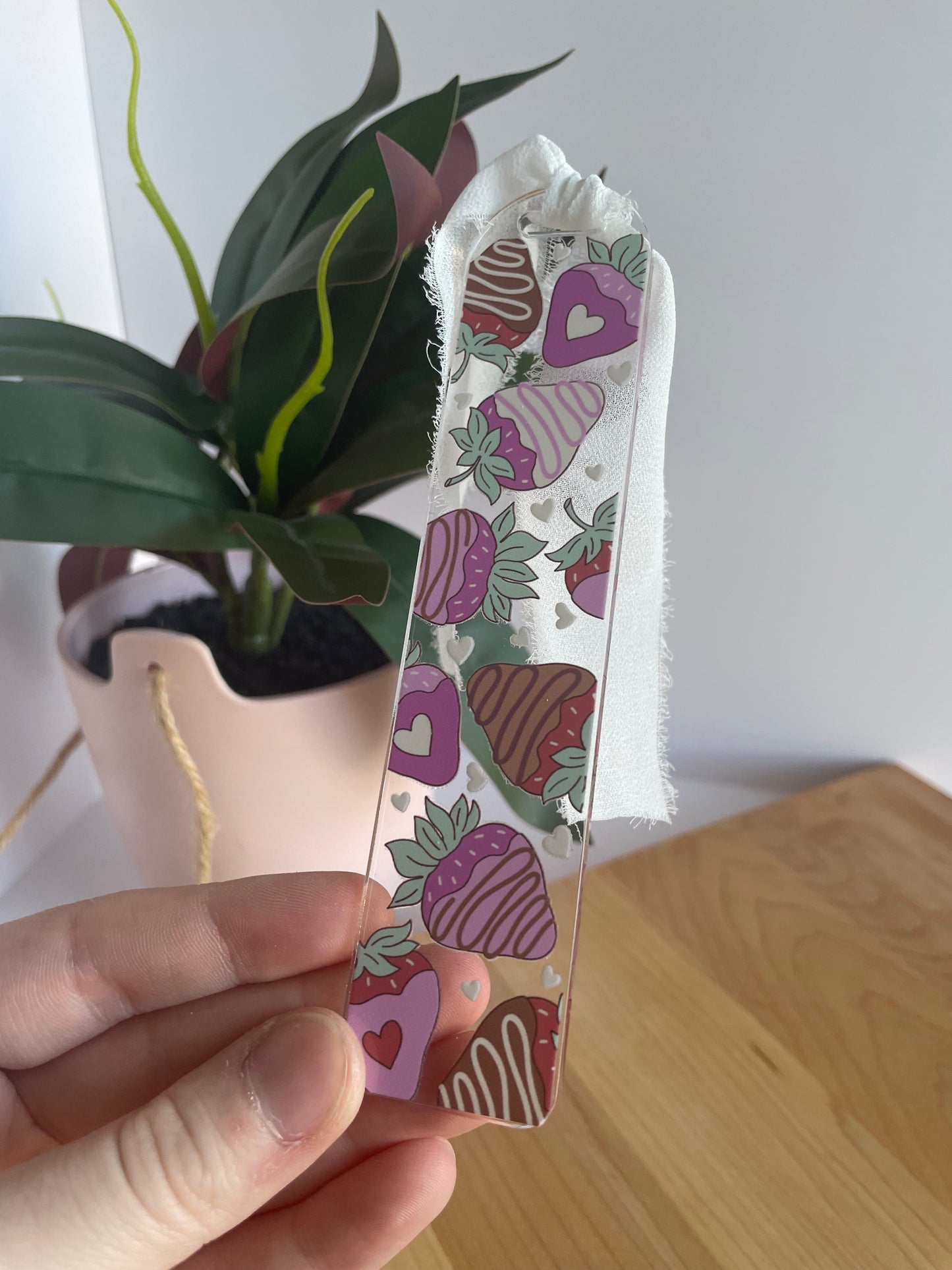 Chocolate Covered Strawberries Clear Acrylic Bookmark with Chiffon Ribbon