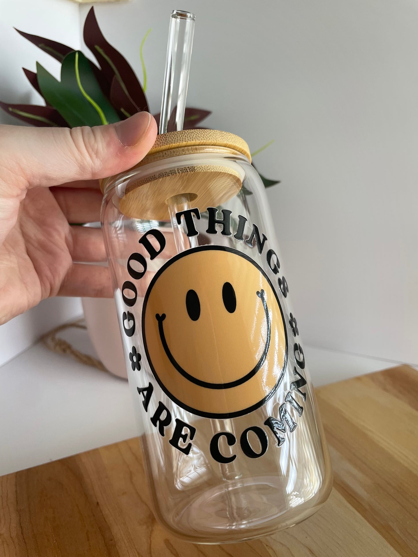 Good Things Are Coming Smiley Face Glass Cup with Bamboo Lid and Glass Straw
