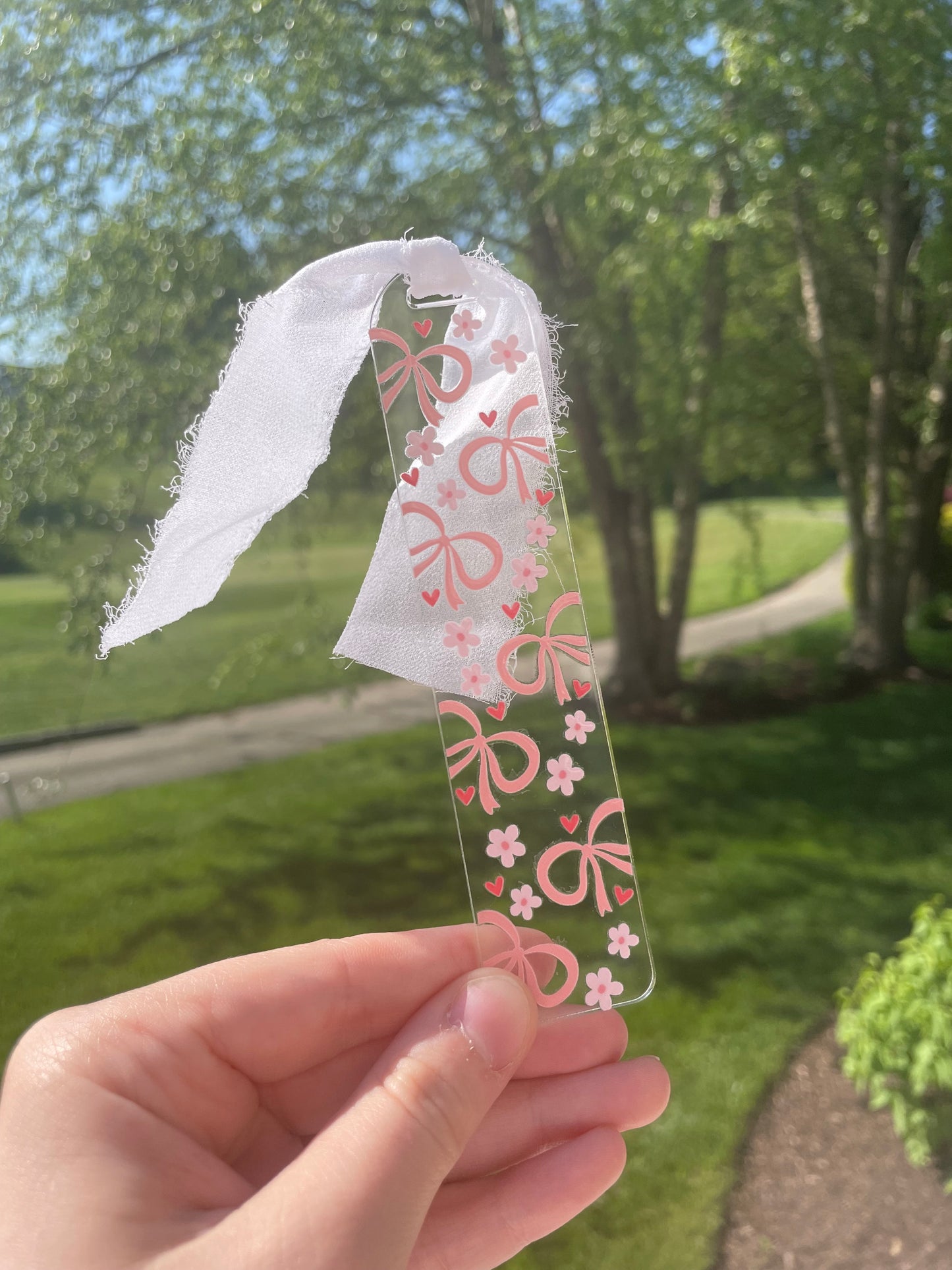 Beautiful Bows and Flowers Clear Acrylic Bookmark with Chiffon Ribbon
