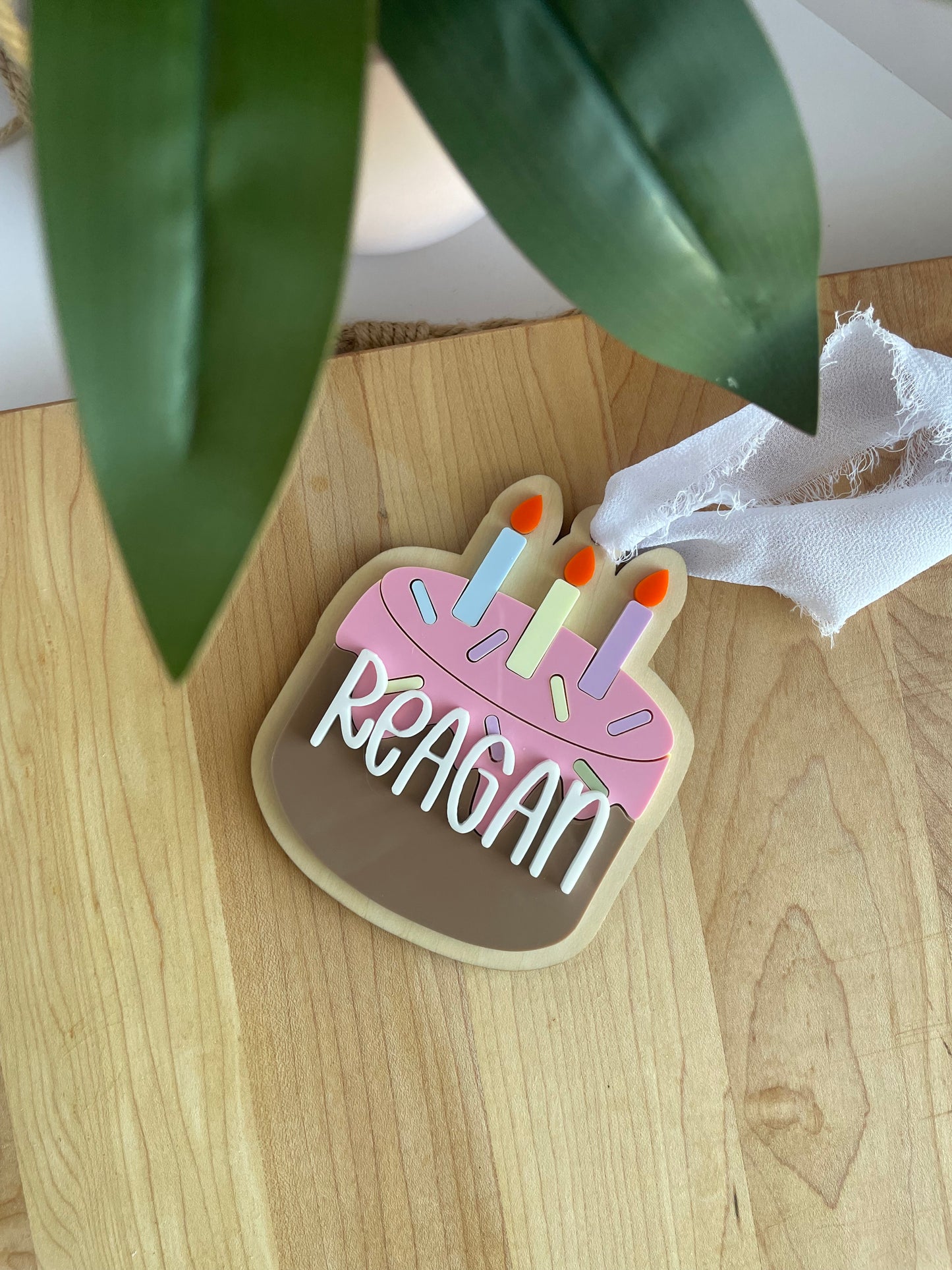 Birthday Cake Acrylic Gift Tag with Chiffon Ribbon