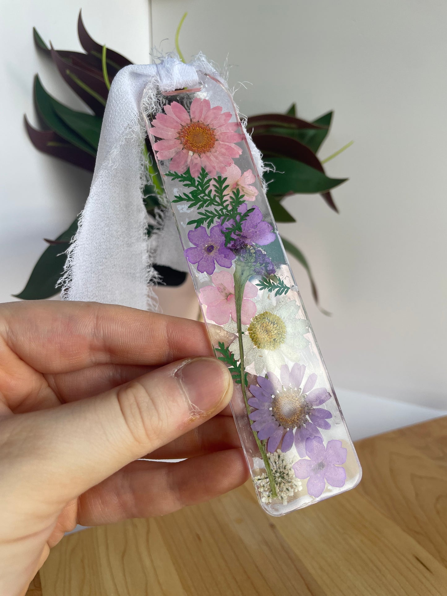 Pink and Purple Dried Flowers Clear Acrylic Bookmark with Chiffon Ribbon