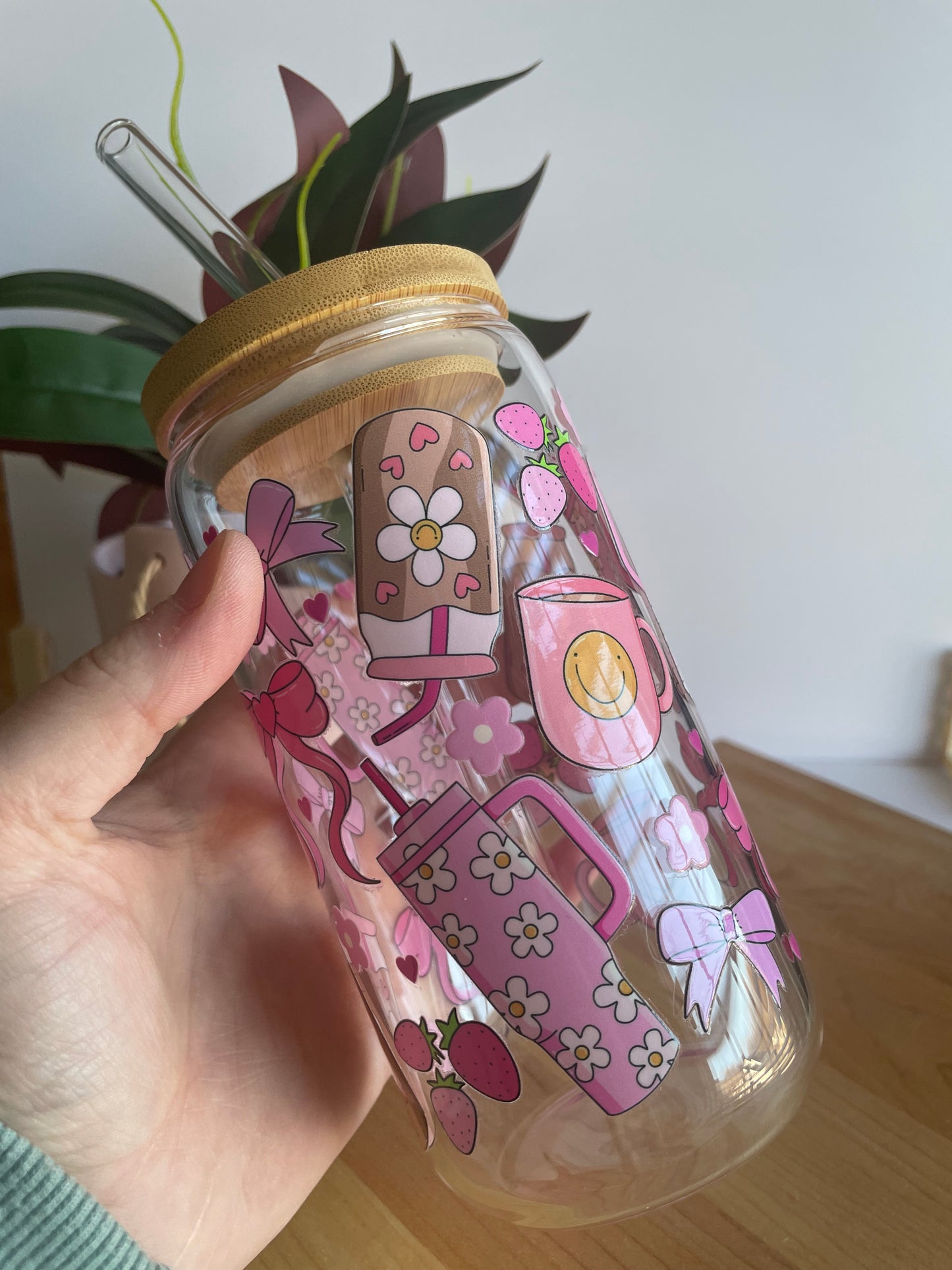 Pink Groovy Girly Glass Cup with Bamboo Lid and Glass Straw