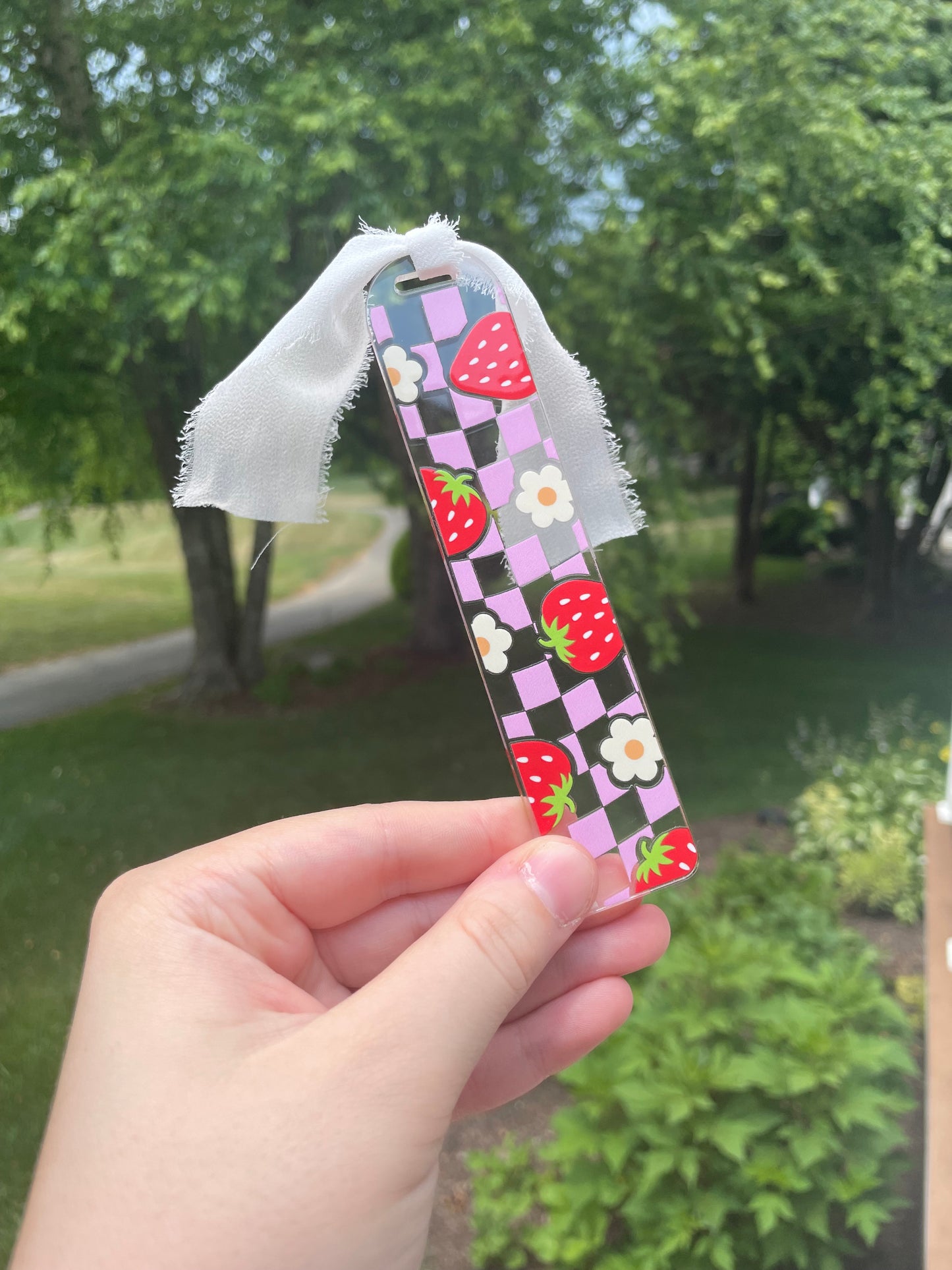 Strawberries and Pink Checkers Clear Acrylic Bookmark with Chiffon Ribbon