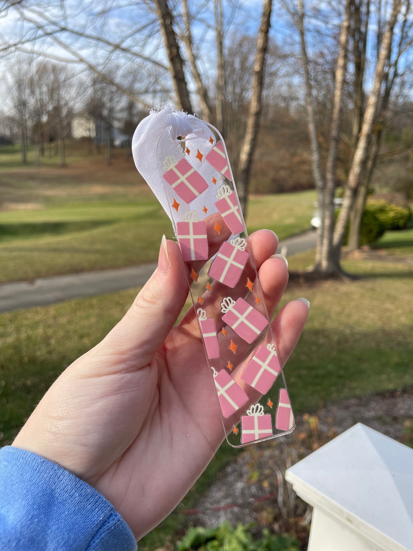 Pretty Pink Presents Holiday Clear Acrylic Bookmark with Chiffon Ribbon