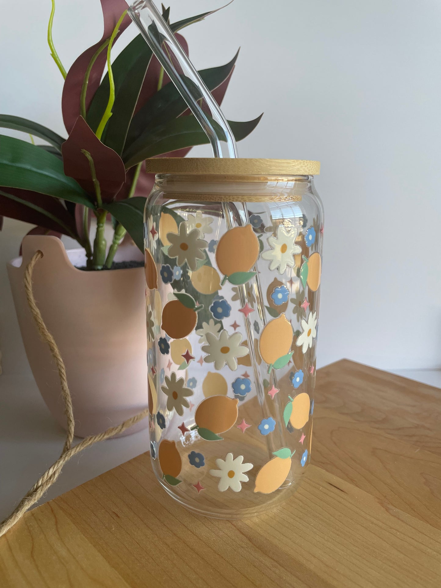 Flowers and Lemons Glass Cup with Bamboo Lid and Glass Straw