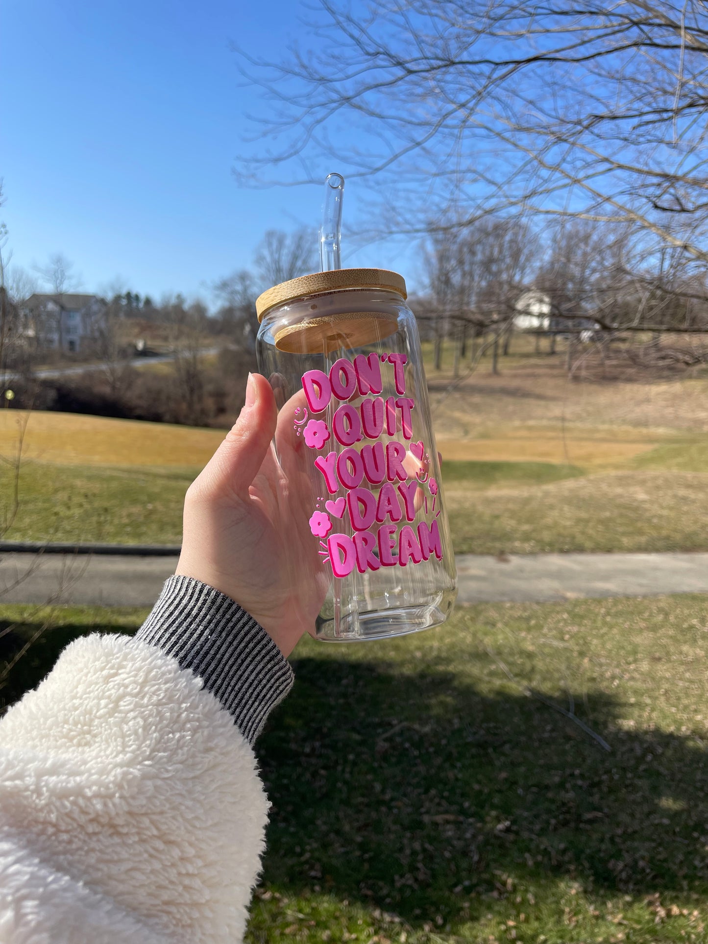 Don’t Quit Your Daydream Doodles Glass Cup with Bamboo Lid and Glass Straw
