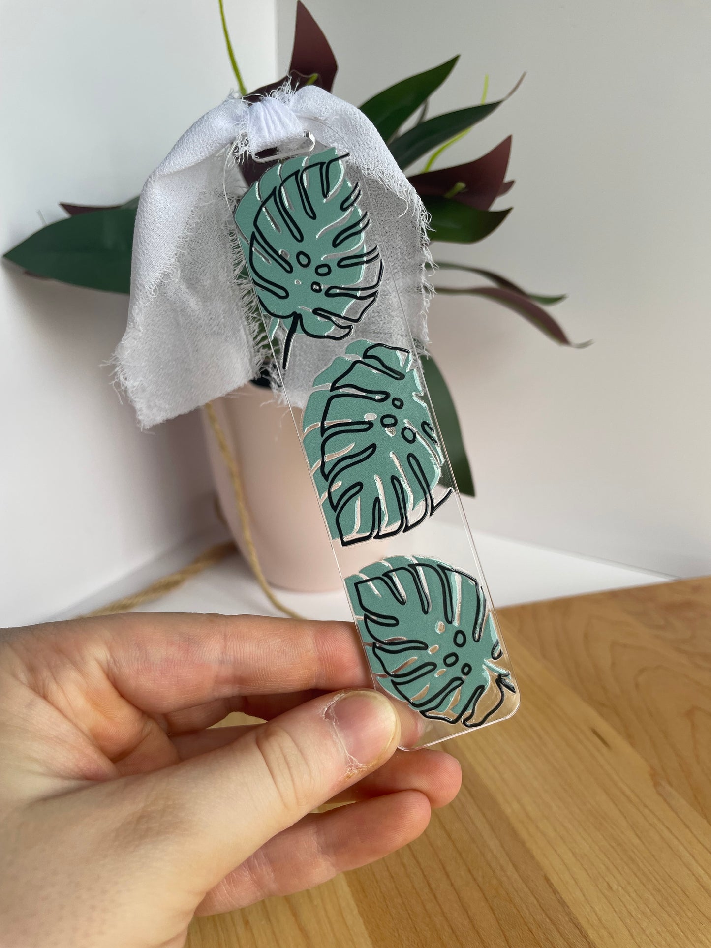 Monstera Leaves Clear Acrylic Bookmark with Chiffon Ribbon
