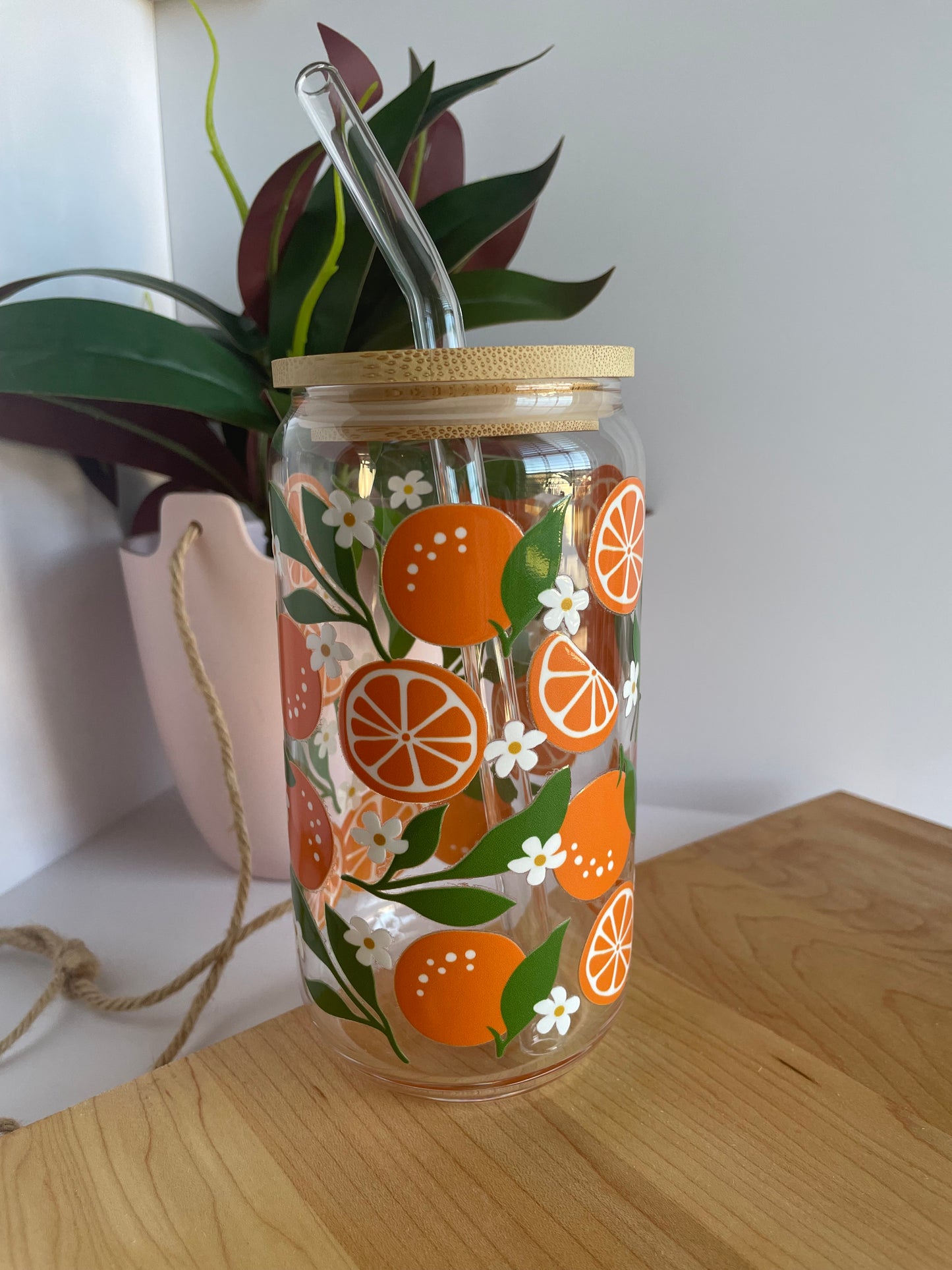 Summer Oranges Glass Cup with Bamboo Lid and Glass Straw
