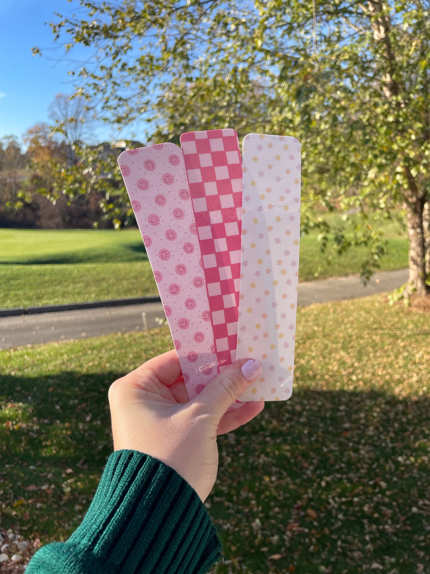 3 Pack of Hand Drawn Bookmarks - Pretty Pink Checkers, Cute Smiley, and Blooming Flowers