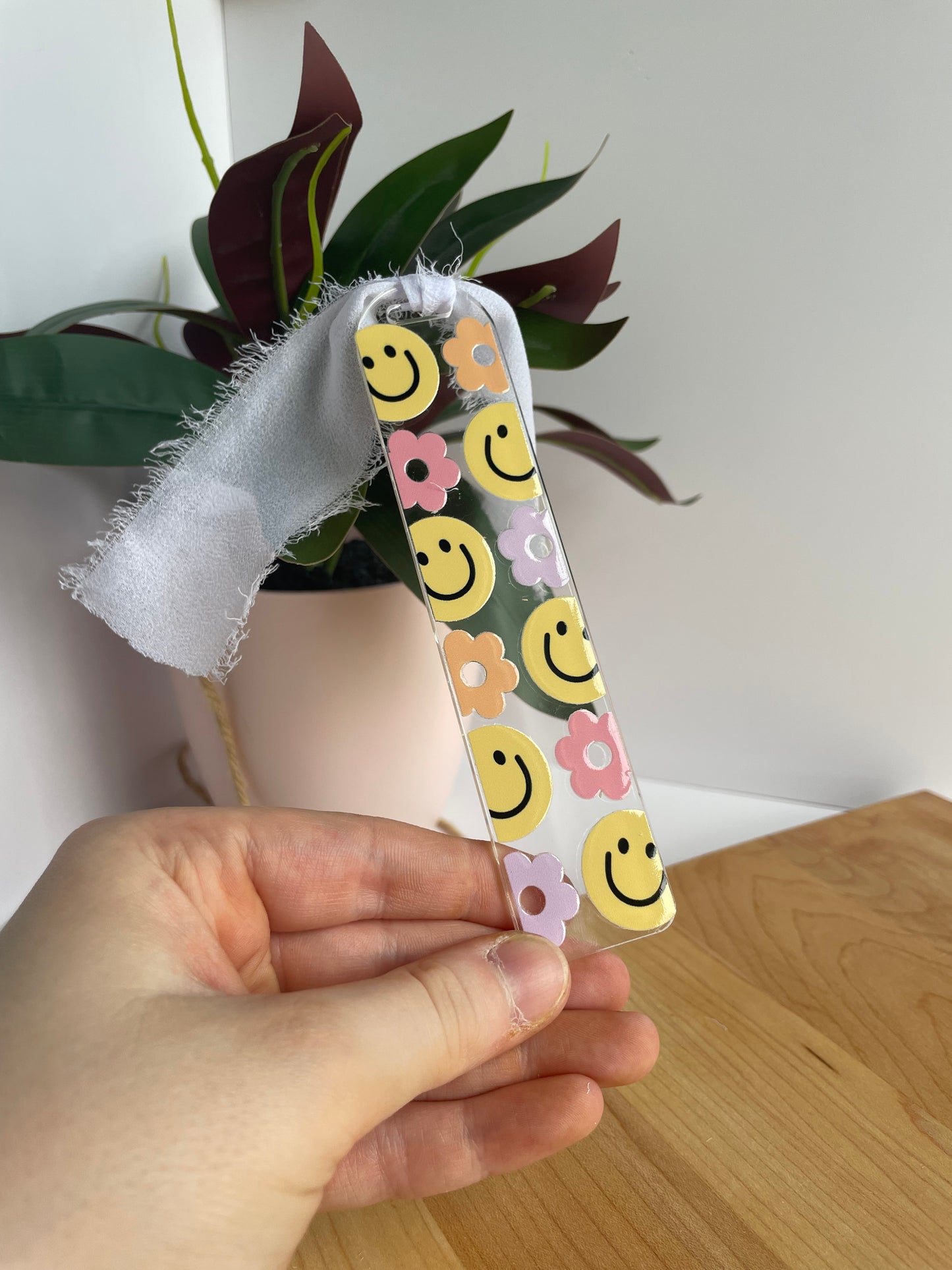 Groovy Smiley Faces Clear Acrylic Bookmark with Chiffon Ribbon