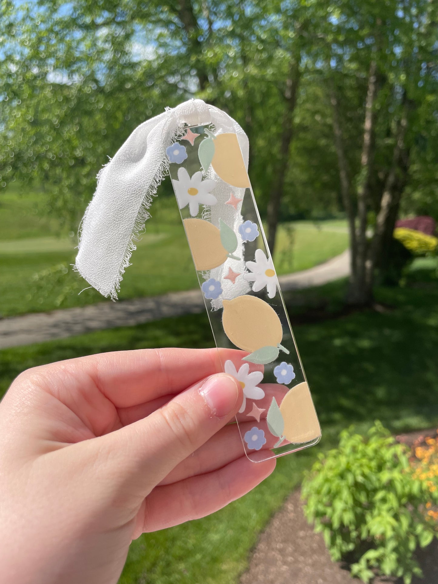 Lemons and Daises Pretty Clear Acrylic Bookmark with Chiffon Ribbon