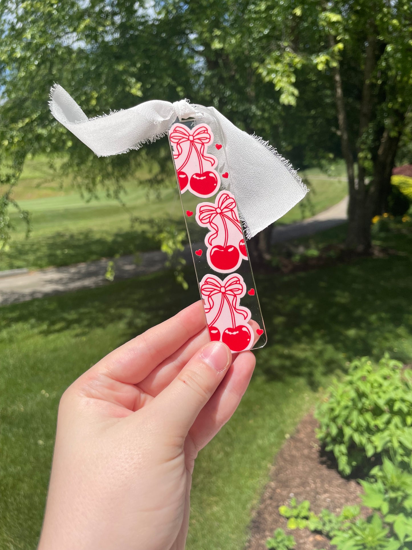 Coquette Cherries and Bows Clear Acrylic Bookmark with Chiffon Ribbon