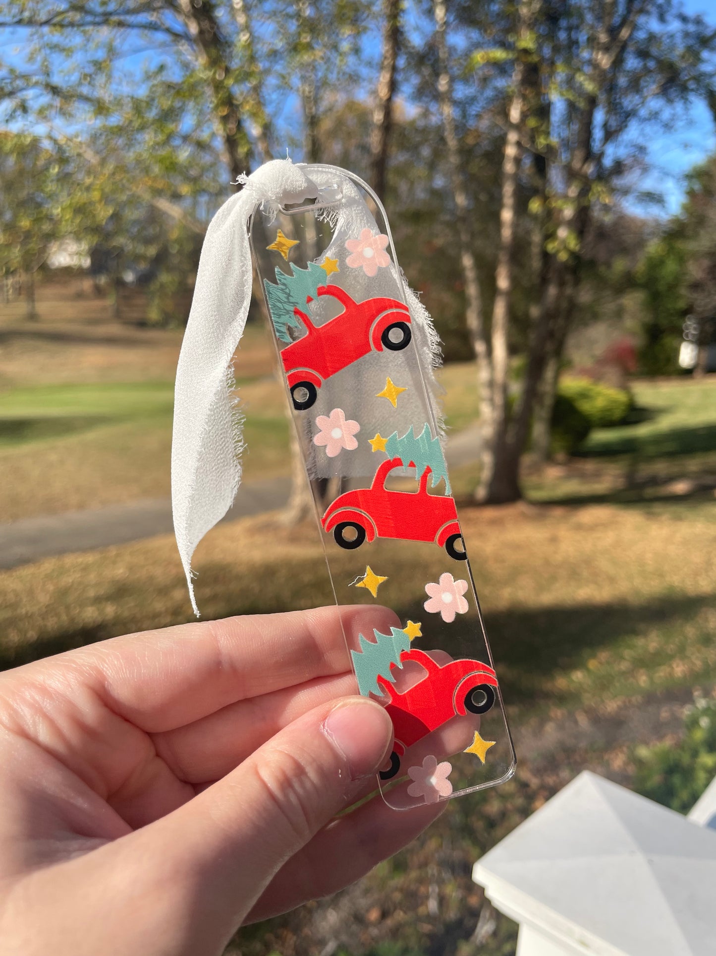 Red Christmas Truck Clear Acrylic Bookmark with Chiffon Ribbon