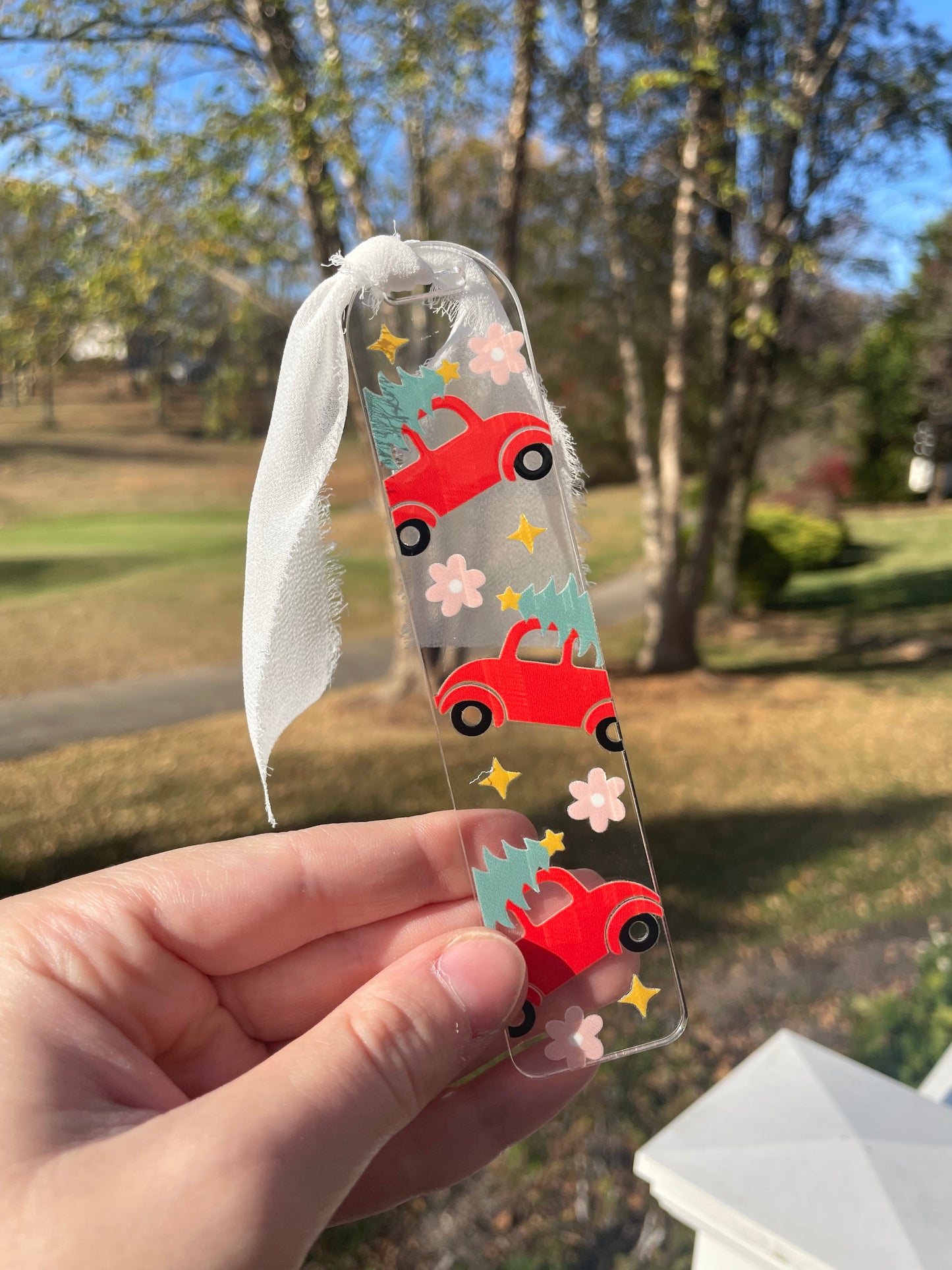 Red Christmas Truck Clear Acrylic Bookmark with Chiffon Ribbon