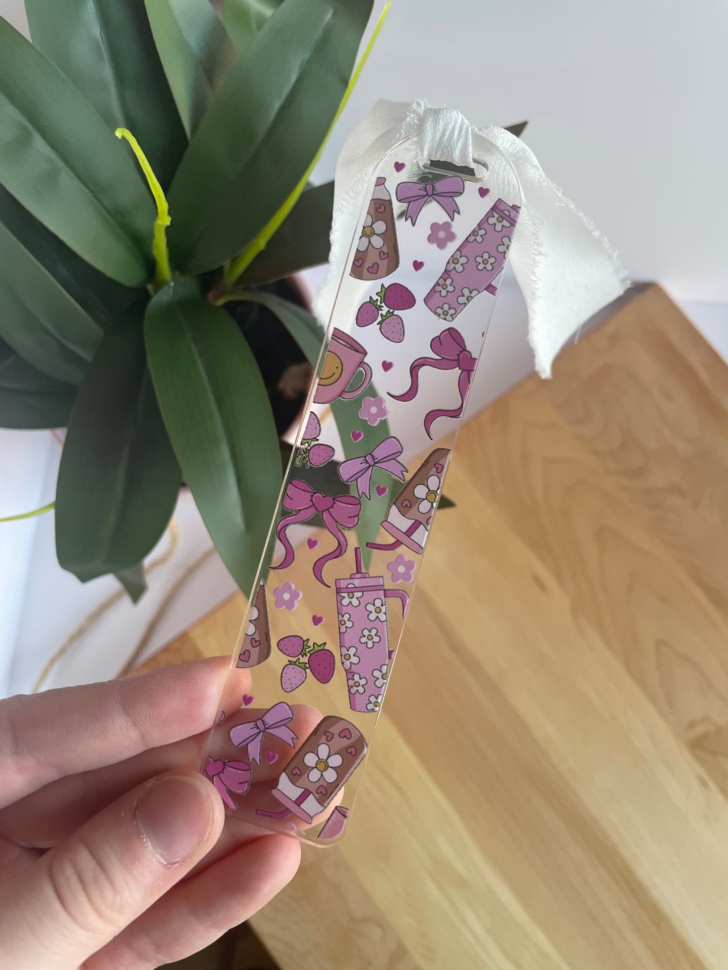 Pink Groovy Girl Clear Acrylic Bookmark with Chiffon Ribbon