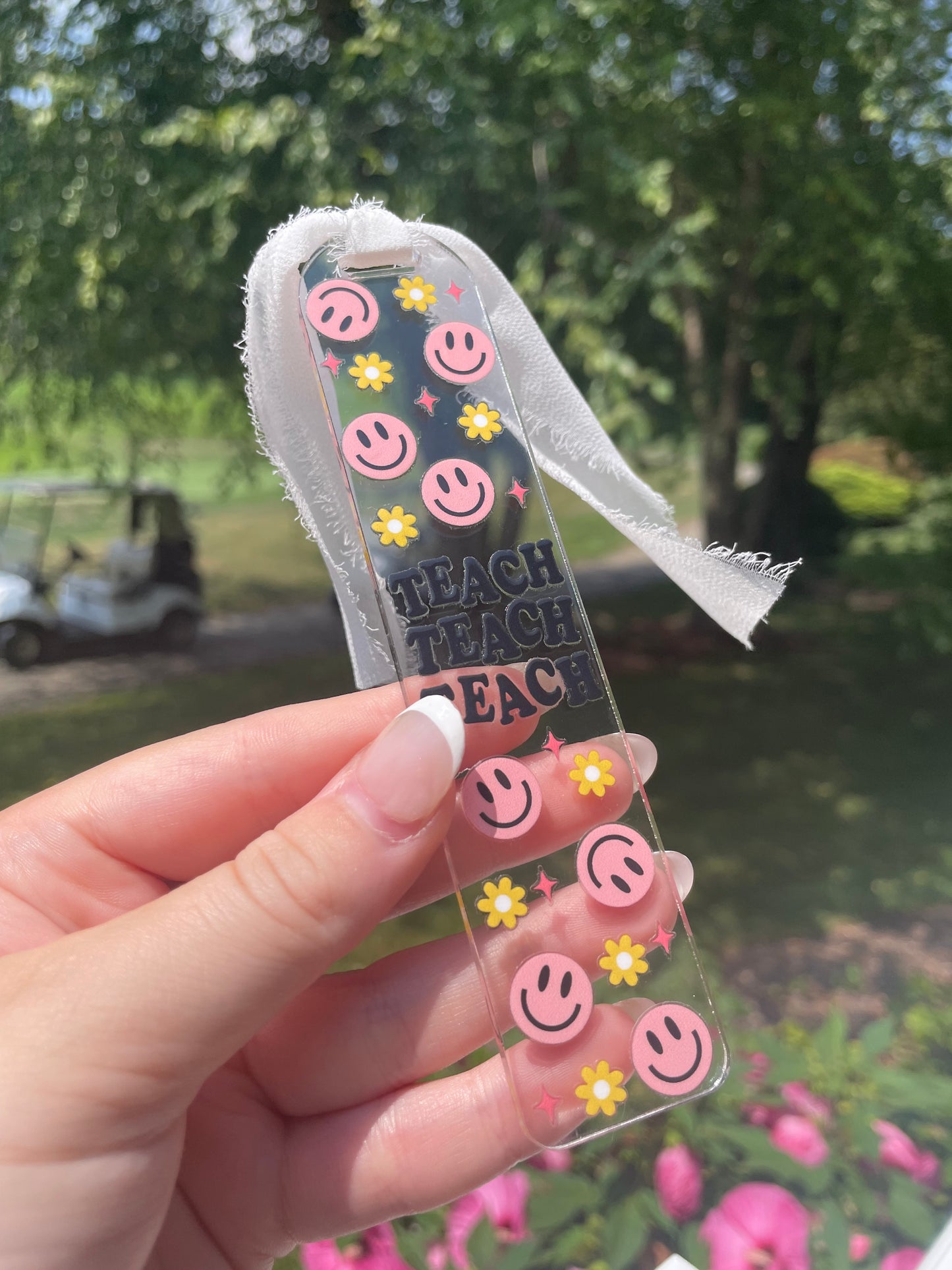 Teaching Smiley Face and Flowers Clear Acrylic Bookmark with Chiffon Ribbon