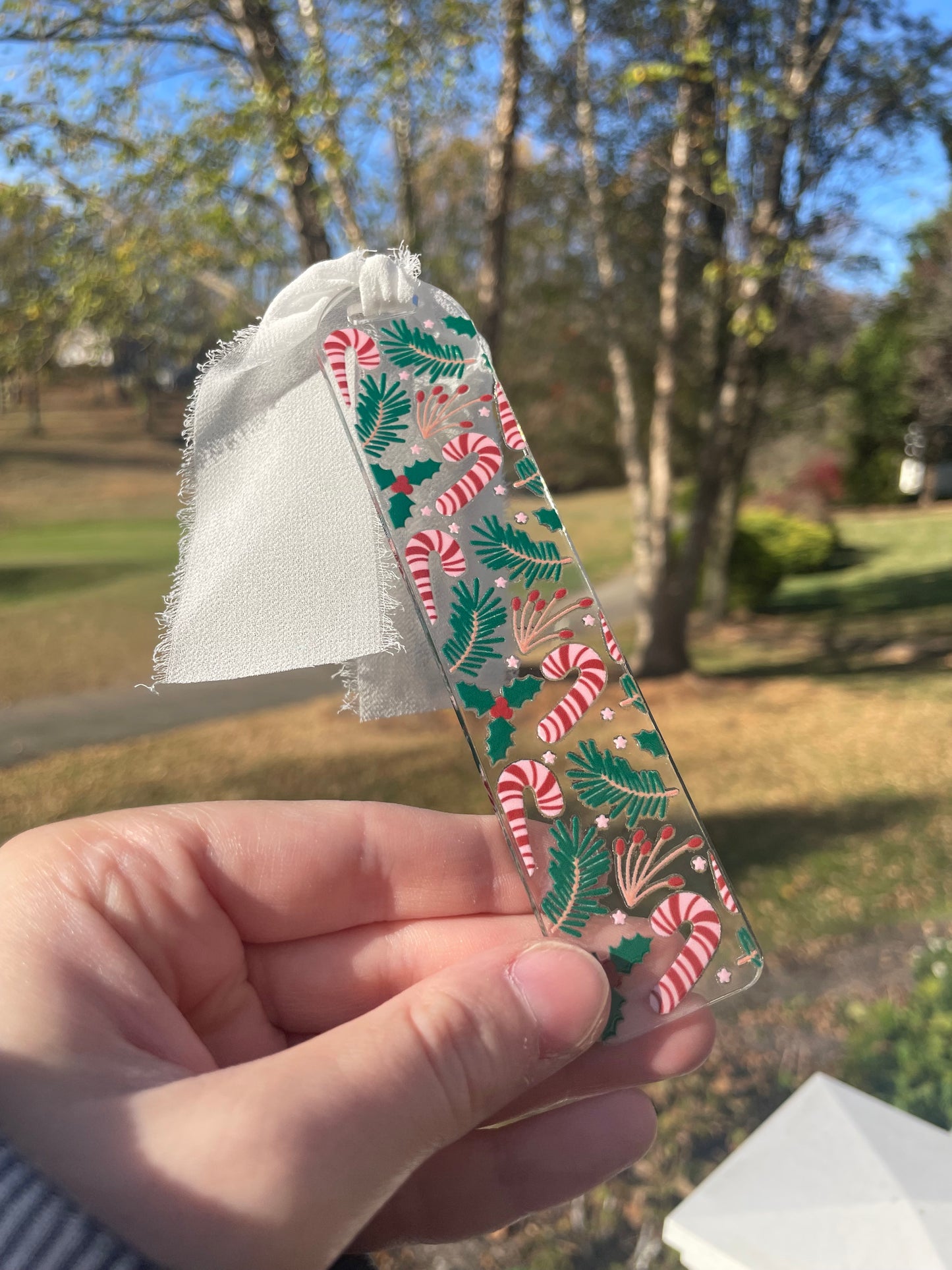 Candy Canes and Greenery Clear Acrylic Bookmark with Chiffon Ribbon
