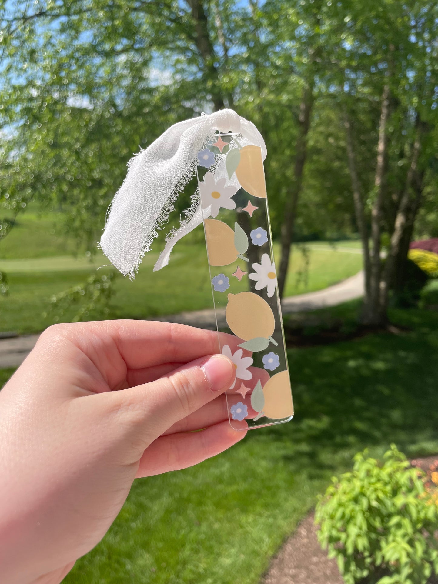 Lemons and Daises Pretty Clear Acrylic Bookmark with Chiffon Ribbon