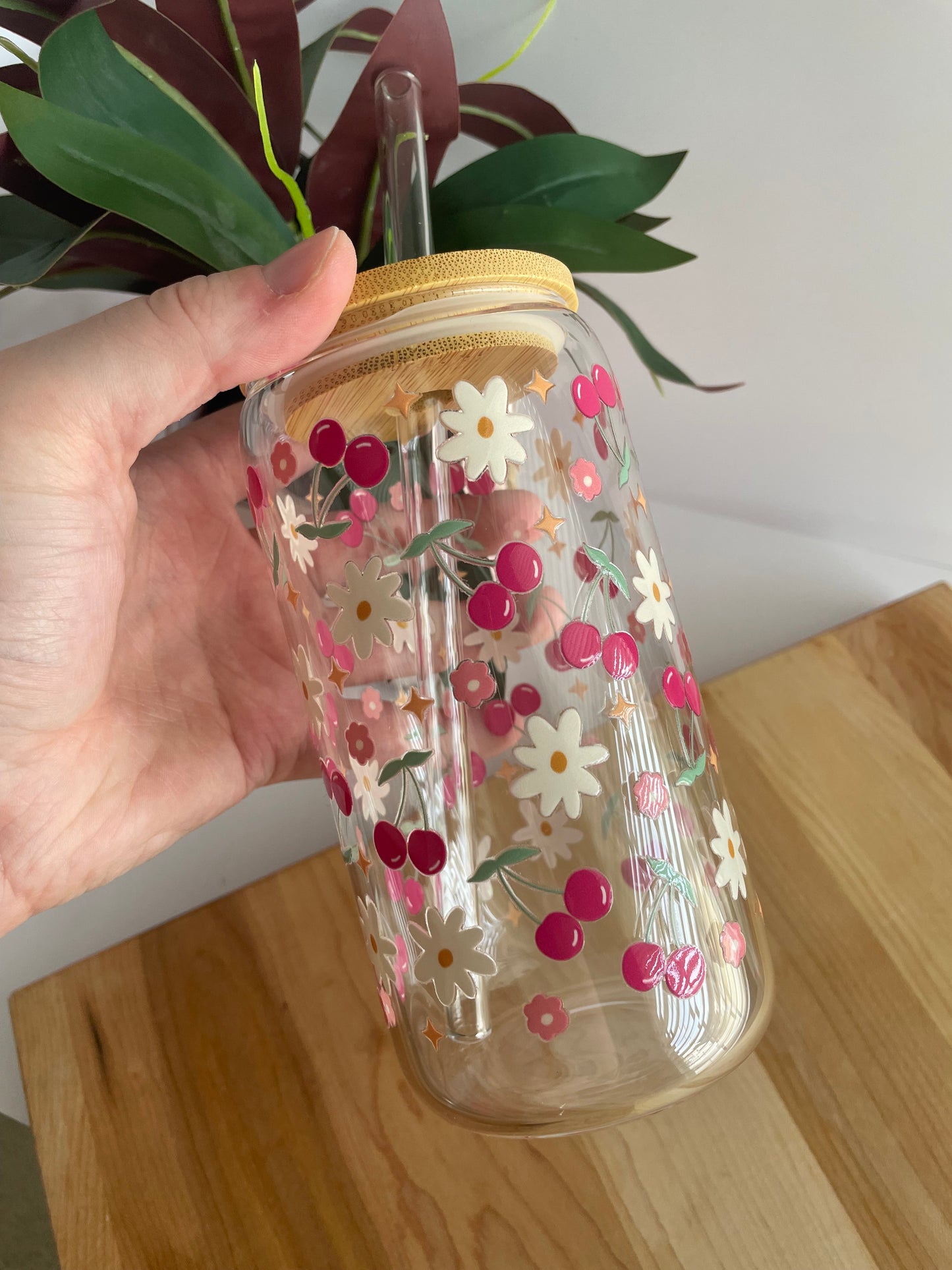 Pretty Cherries and Flowers Glass Cup with Bamboo Lid and Glass Straw