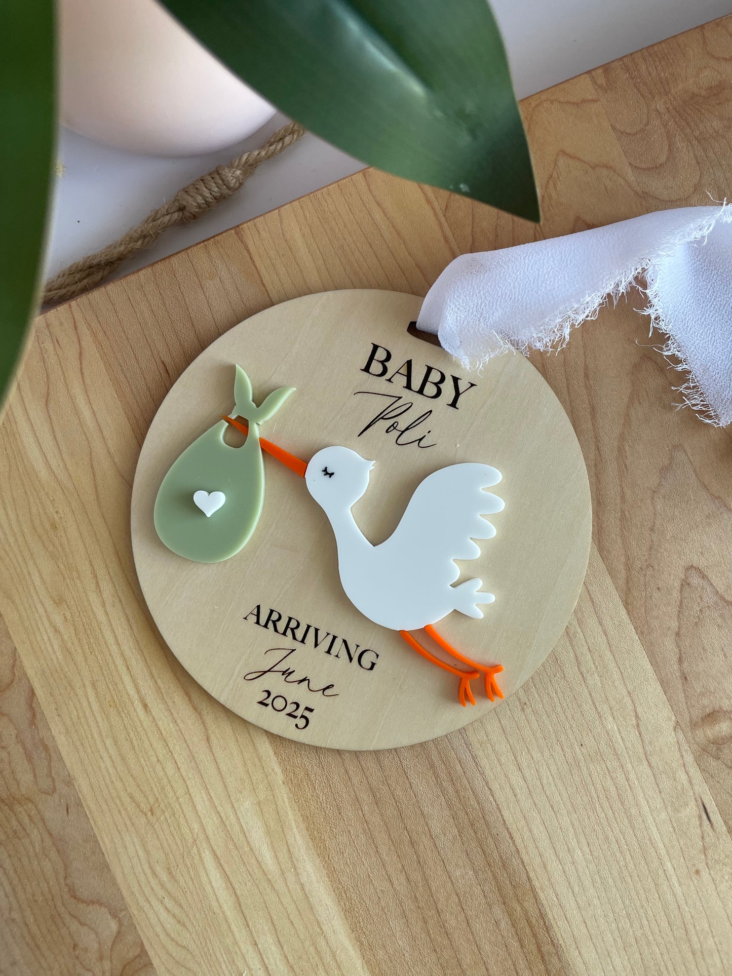 Arriving Baby Stork Wooden Gift Tag with Chiffon Ribbon