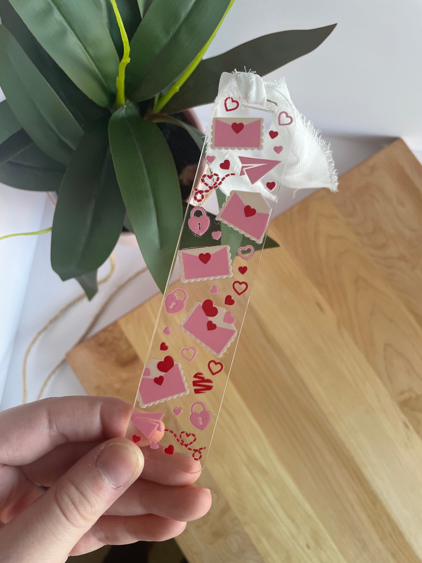 Love Letters Clear Acrylic Bookmark with Chiffon Ribbon