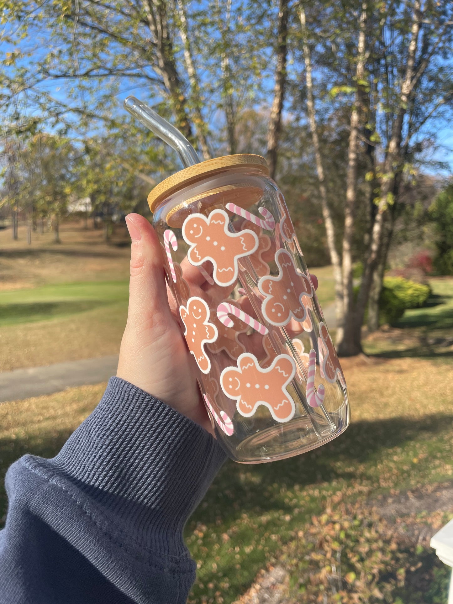 Gingerbread Cookies and Pink Candy Canes Glass Cup with Bamboo Lid and Glass Straw