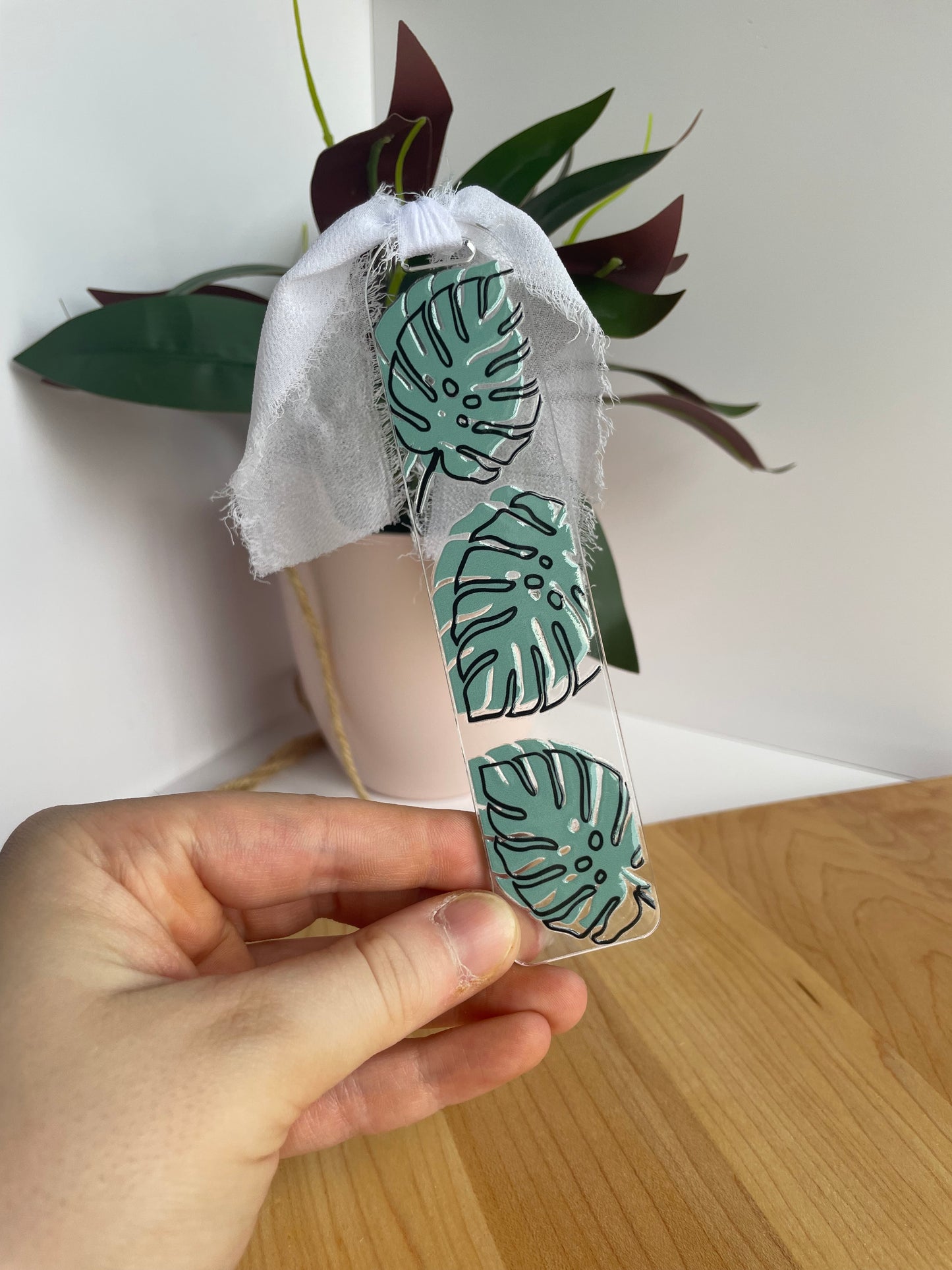 Monstera Leaves Clear Acrylic Bookmark with Chiffon Ribbon