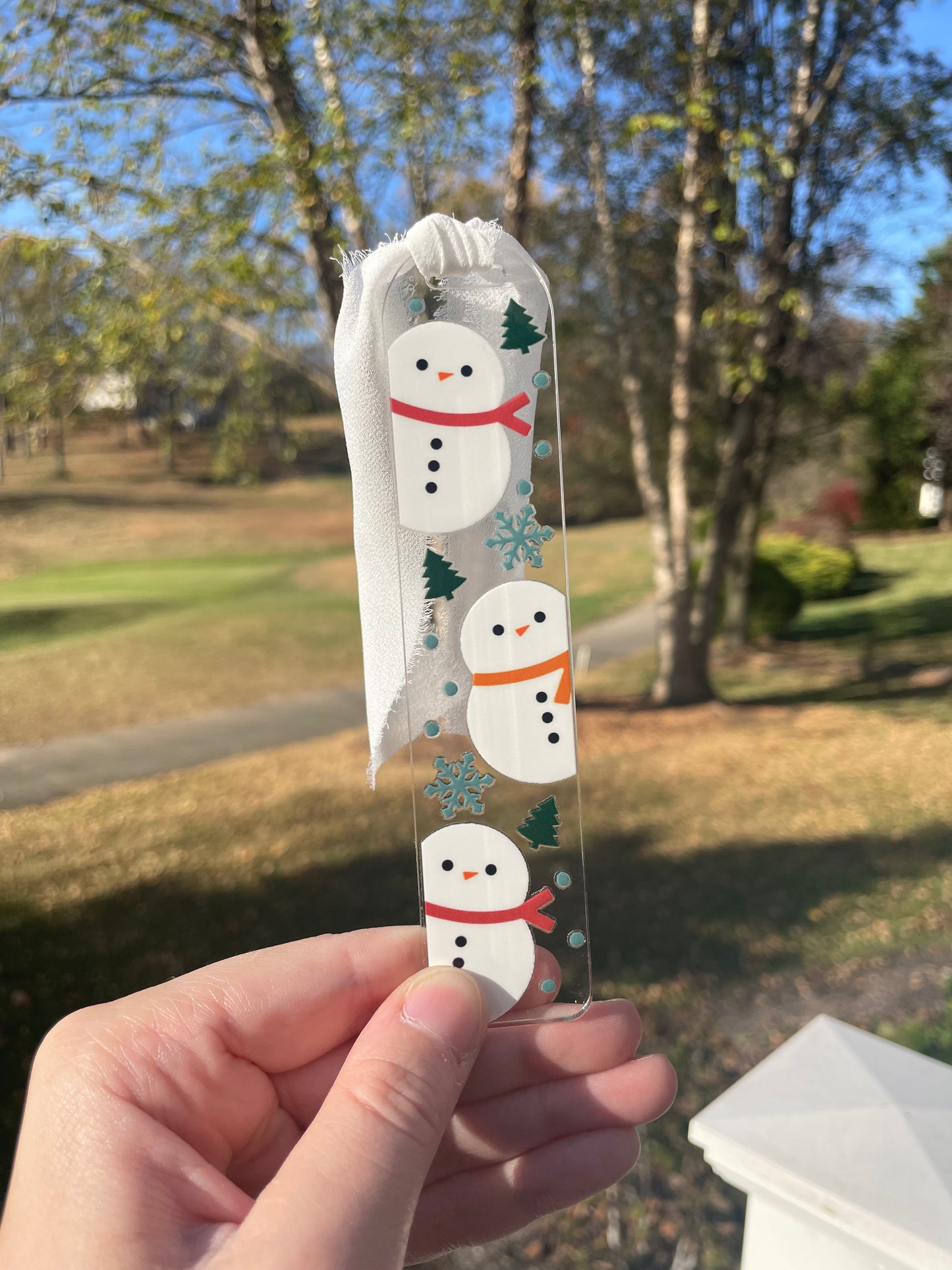 Holiday Snowmen Clear Acrylic Bookmark with Chiffon Ribbon