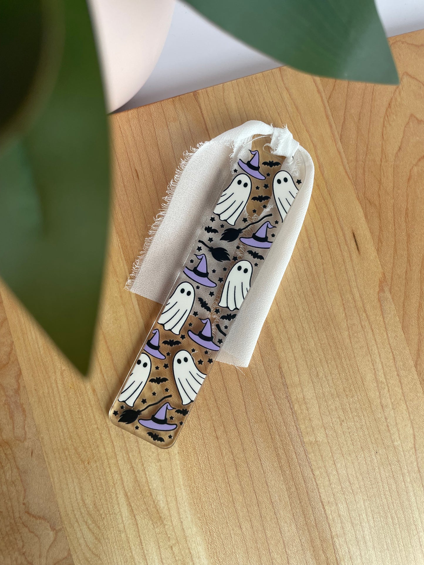 Ghosts and Witch Hats Clear Acrylic Bookmark with Chiffon Ribbon
