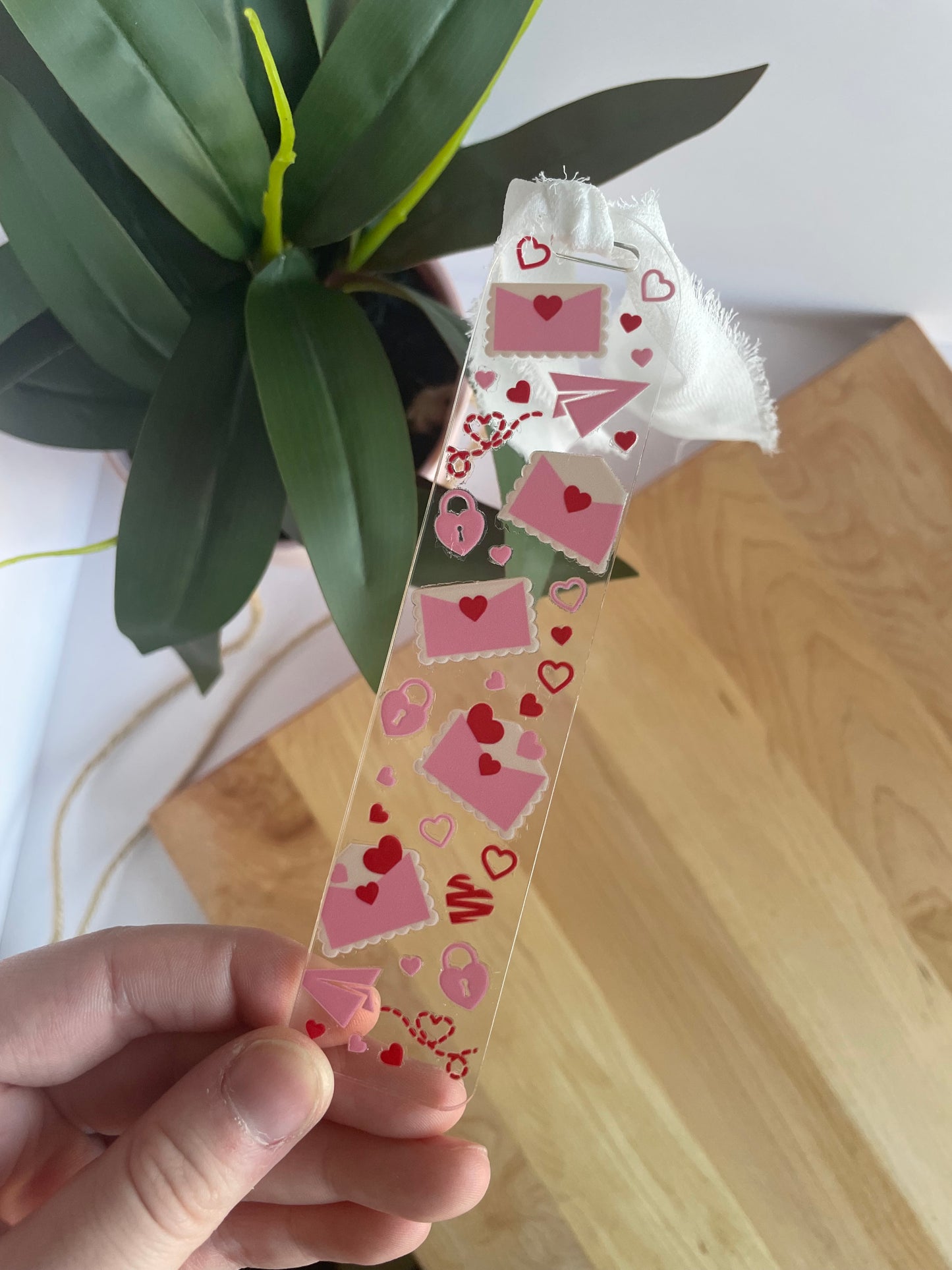 Love Letters Clear Acrylic Bookmark with Chiffon Ribbon