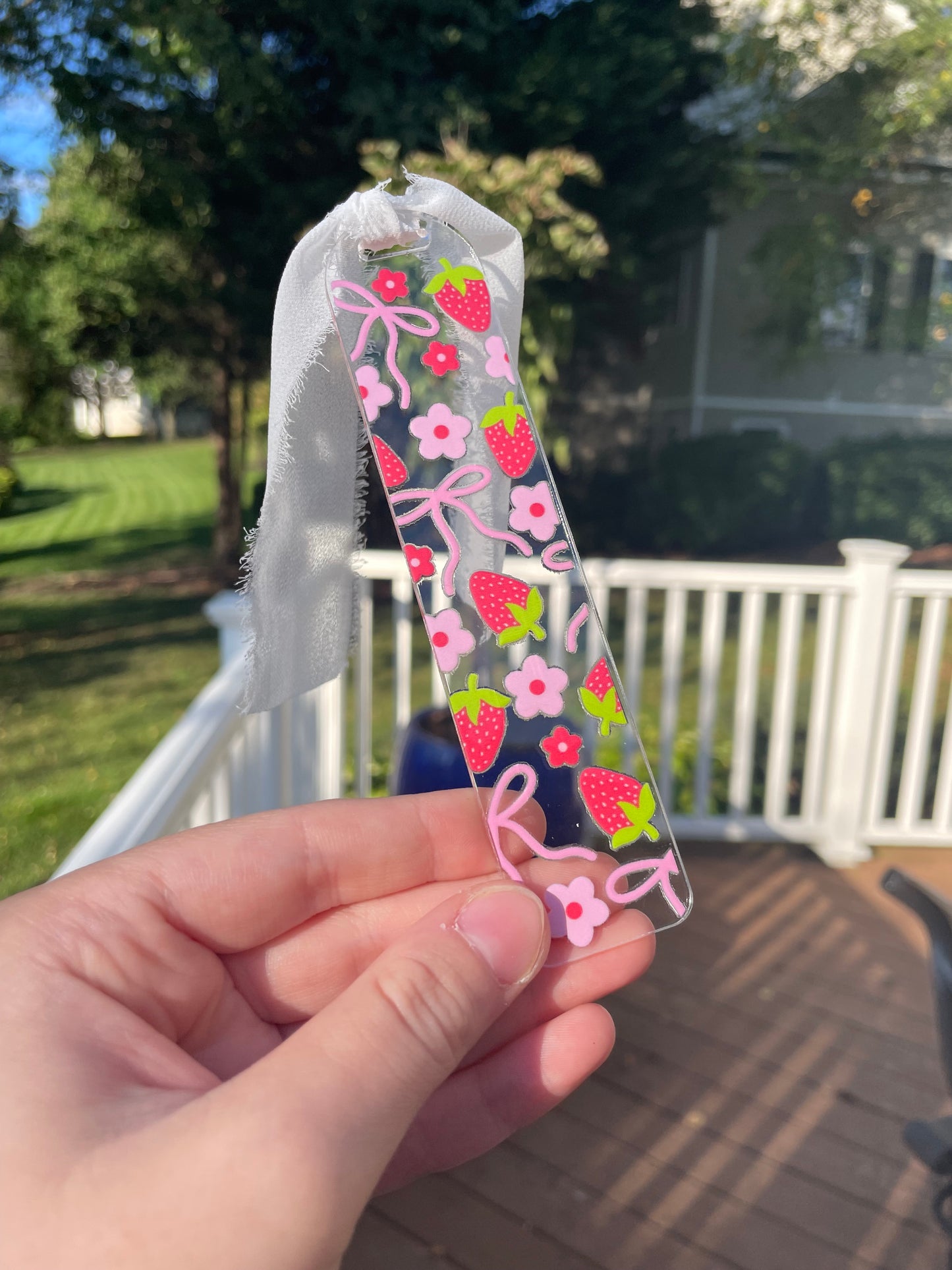 Strawberries and Pink Bows Cute Clear Acrylic Bookmark with Chiffon Ribbon