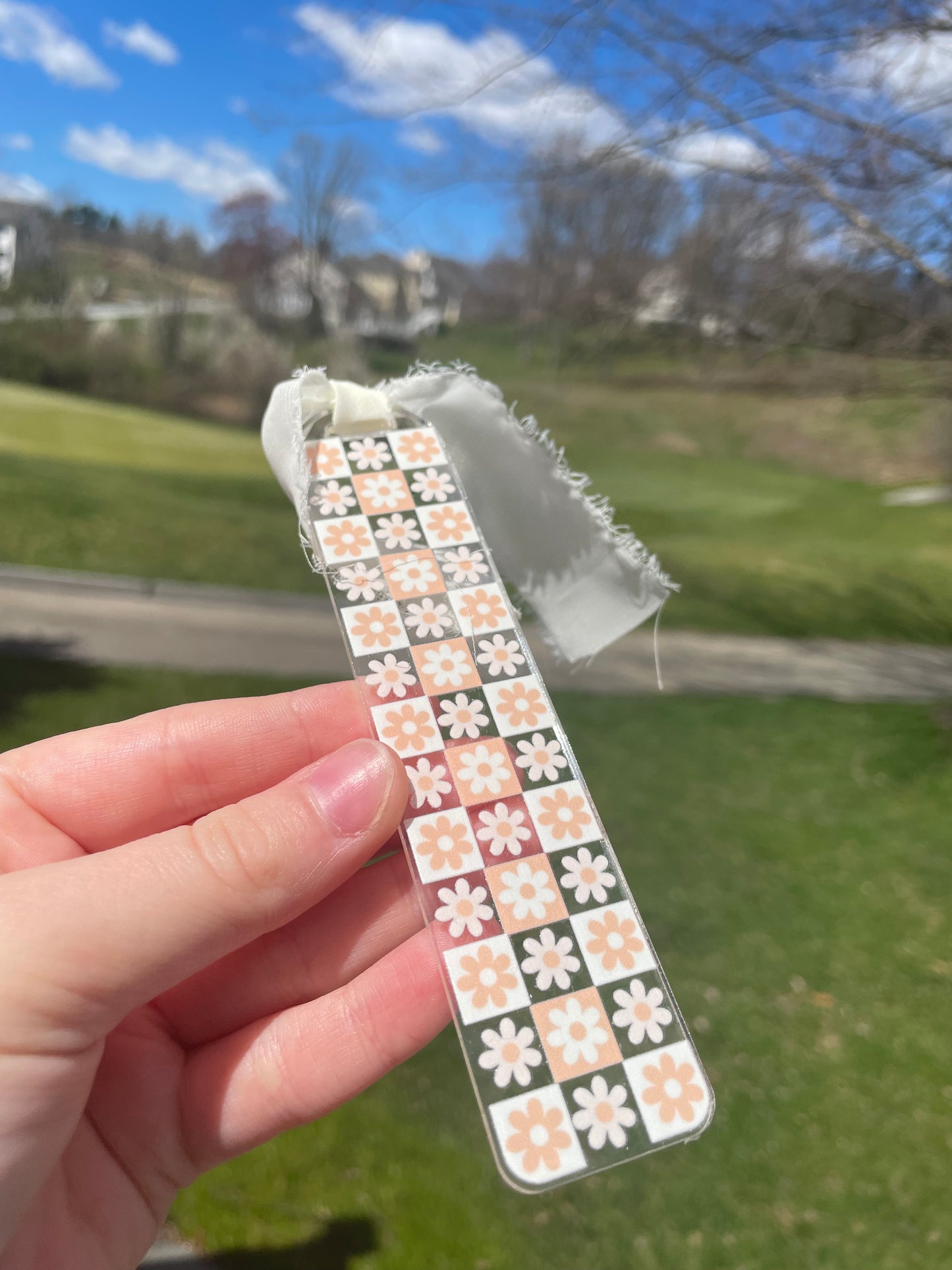 Orange and White Checkered Flowers Clear Acrylic Bookmark with Chiffon Ribbon