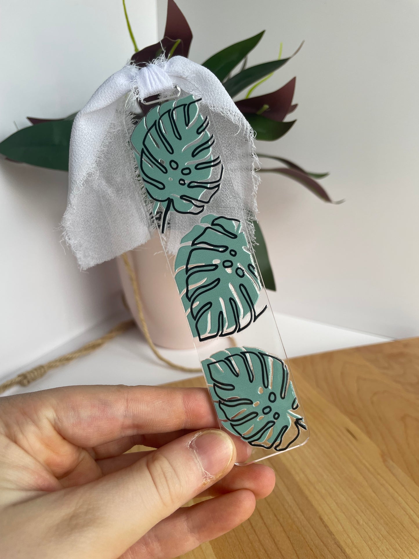 Monstera Leaves Clear Acrylic Bookmark with Chiffon Ribbon