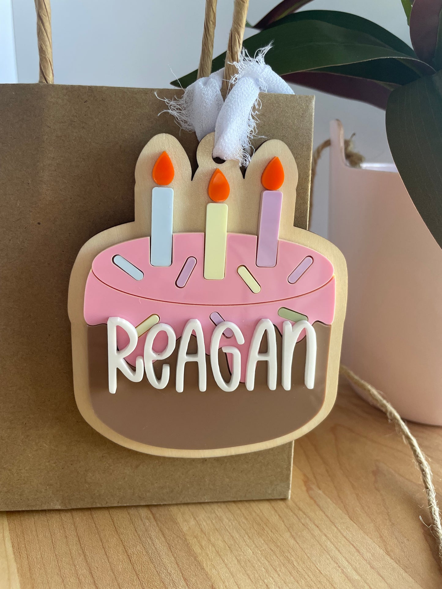 Birthday Cake Acrylic Gift Tag with Chiffon Ribbon