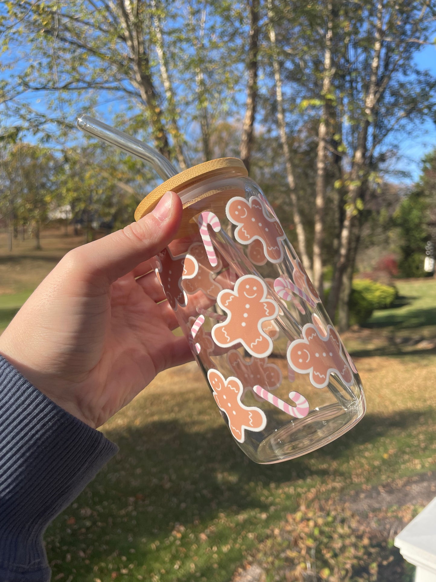 Gingerbread Cookies and Pink Candy Canes Glass Cup with Bamboo Lid and Glass Straw