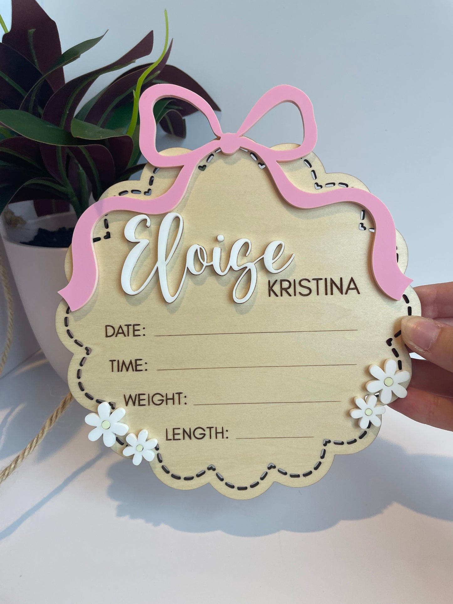 Custom Bow and Flowers Baby Announcement Sign