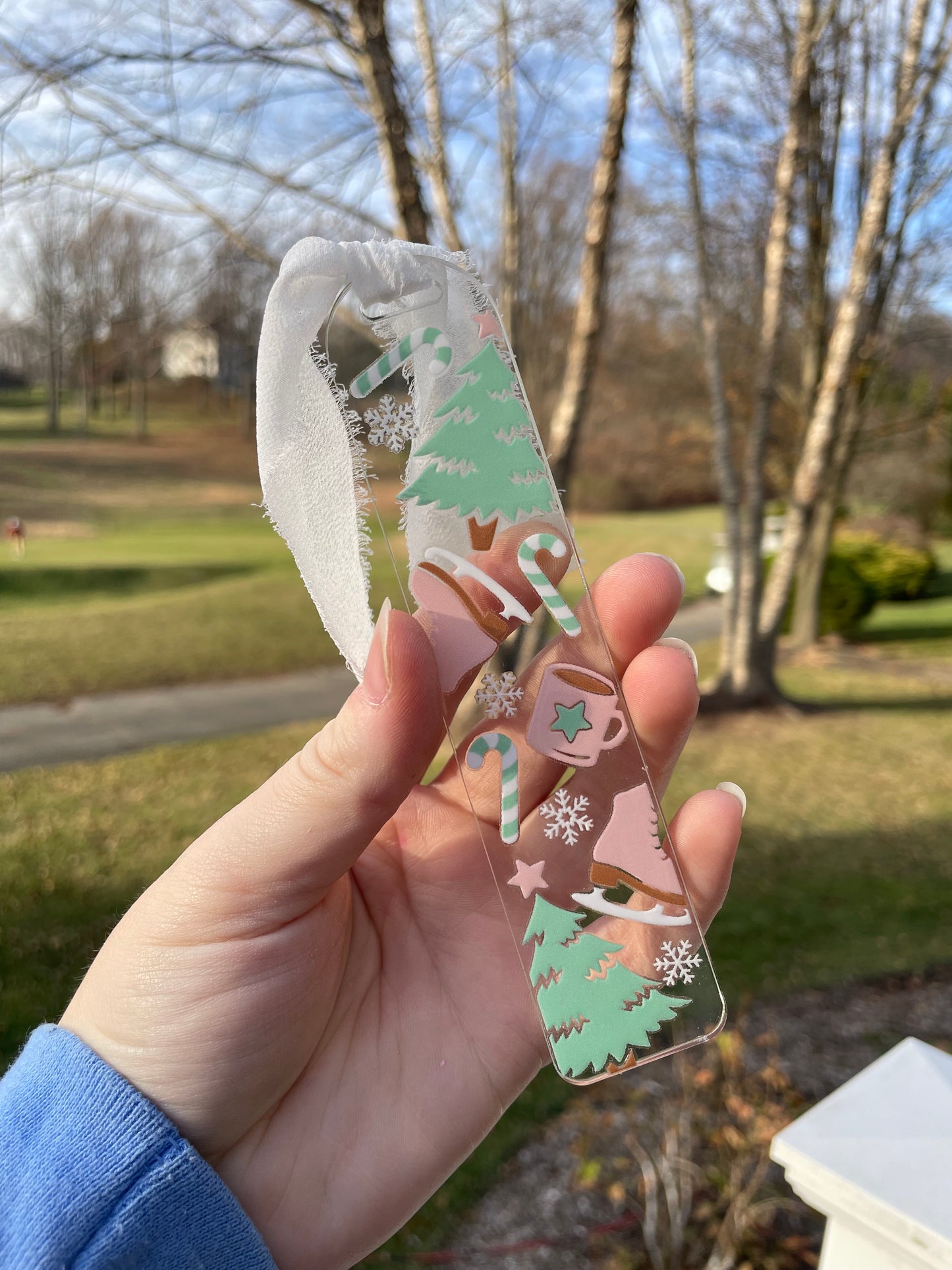 Pretty Pastel Winter Ice Skating Clear Acrylic Bookmark with Chiffon Ribbon