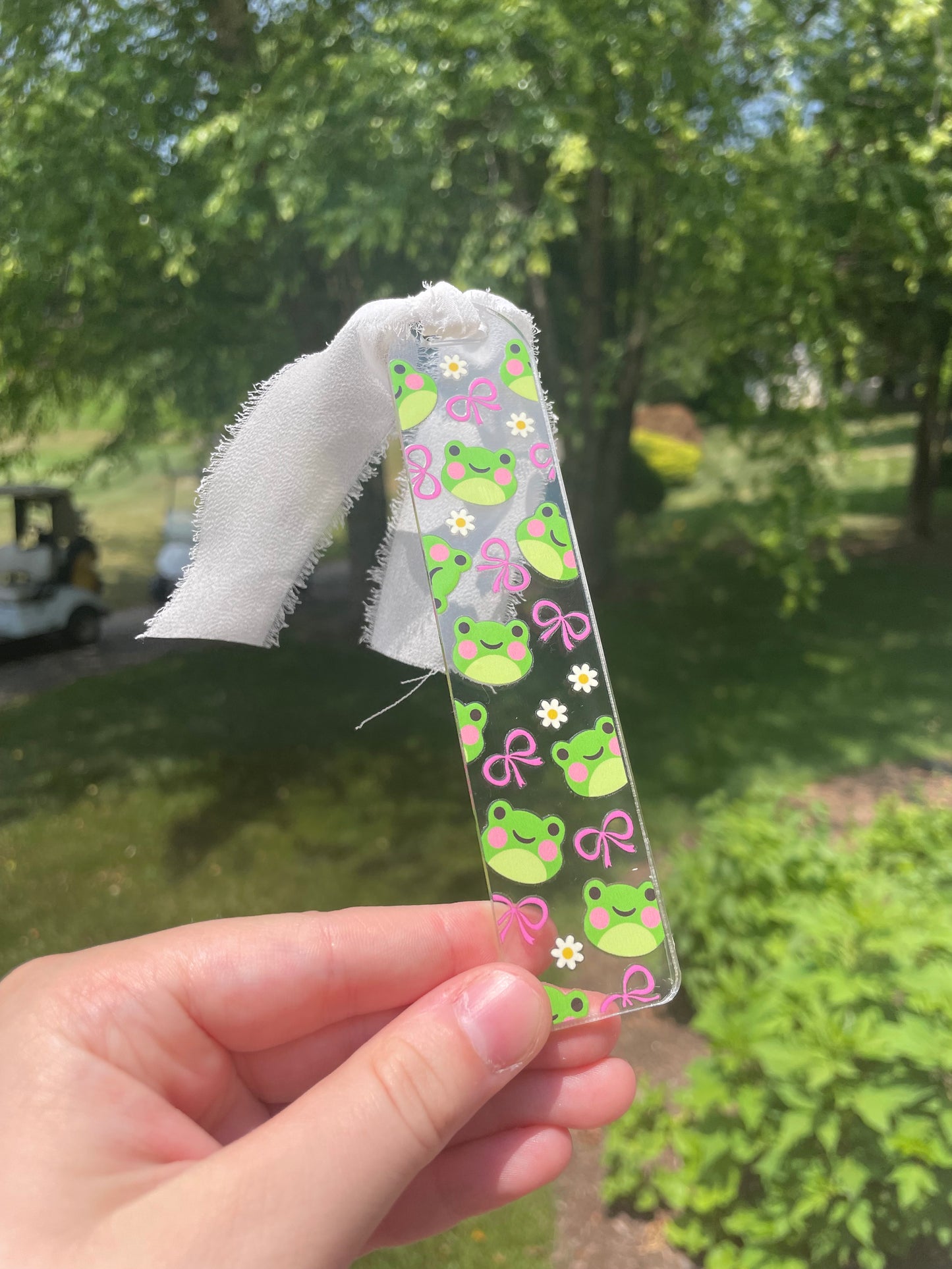 Adorable Froggies and Pink Bows Clear Acrylic Bookmark with Chiffon Ribbon