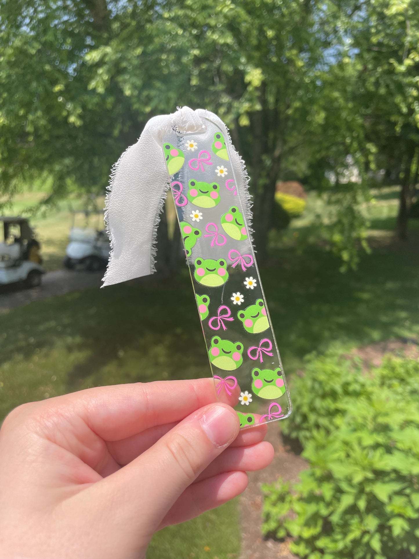 Adorable Froggies and Pink Bows Clear Acrylic Bookmark with Chiffon Ribbon
