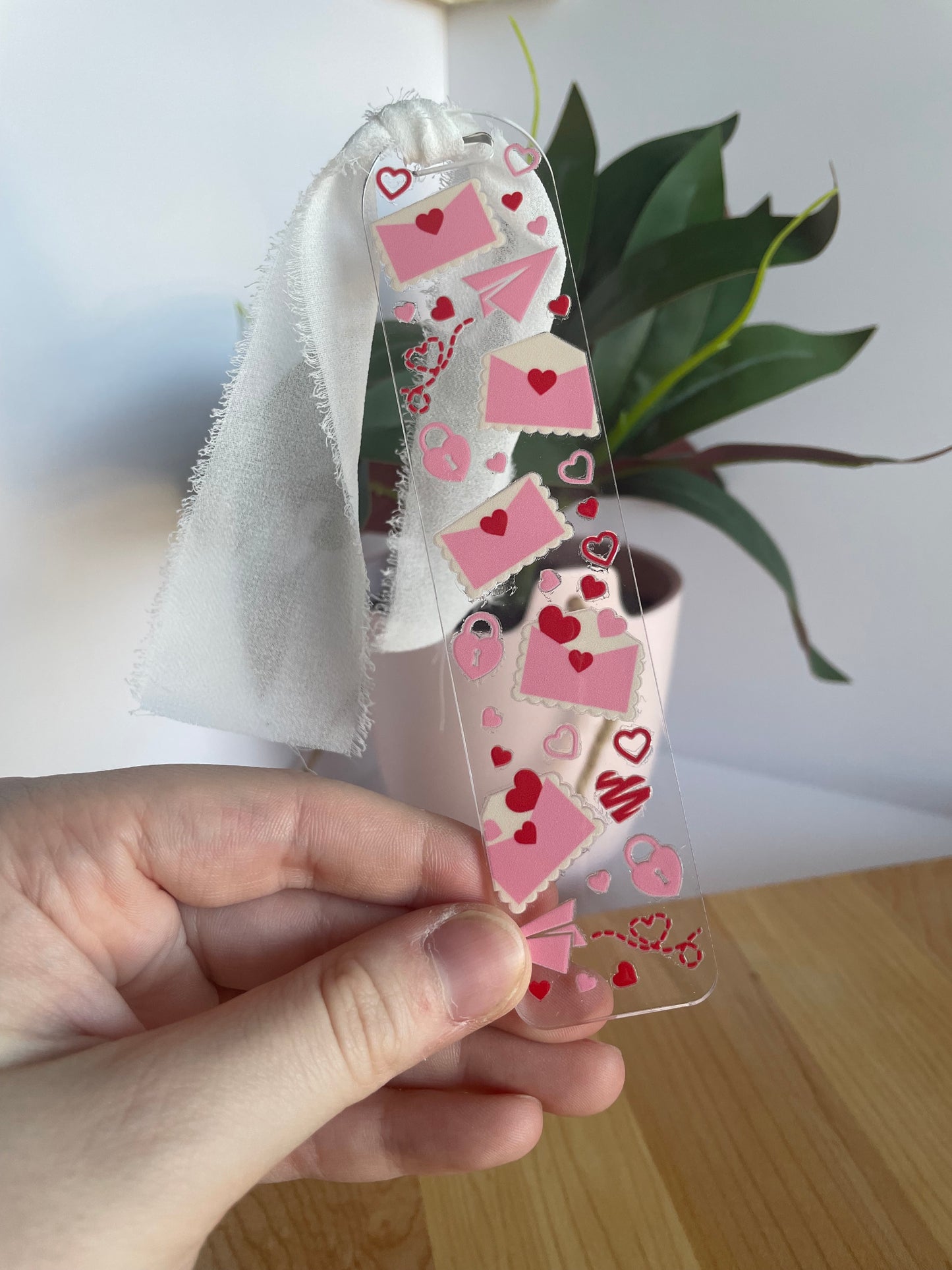 Love Letters Clear Acrylic Bookmark with Chiffon Ribbon