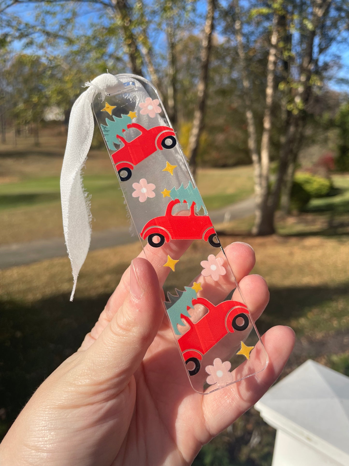 Red Christmas Truck Clear Acrylic Bookmark with Chiffon Ribbon