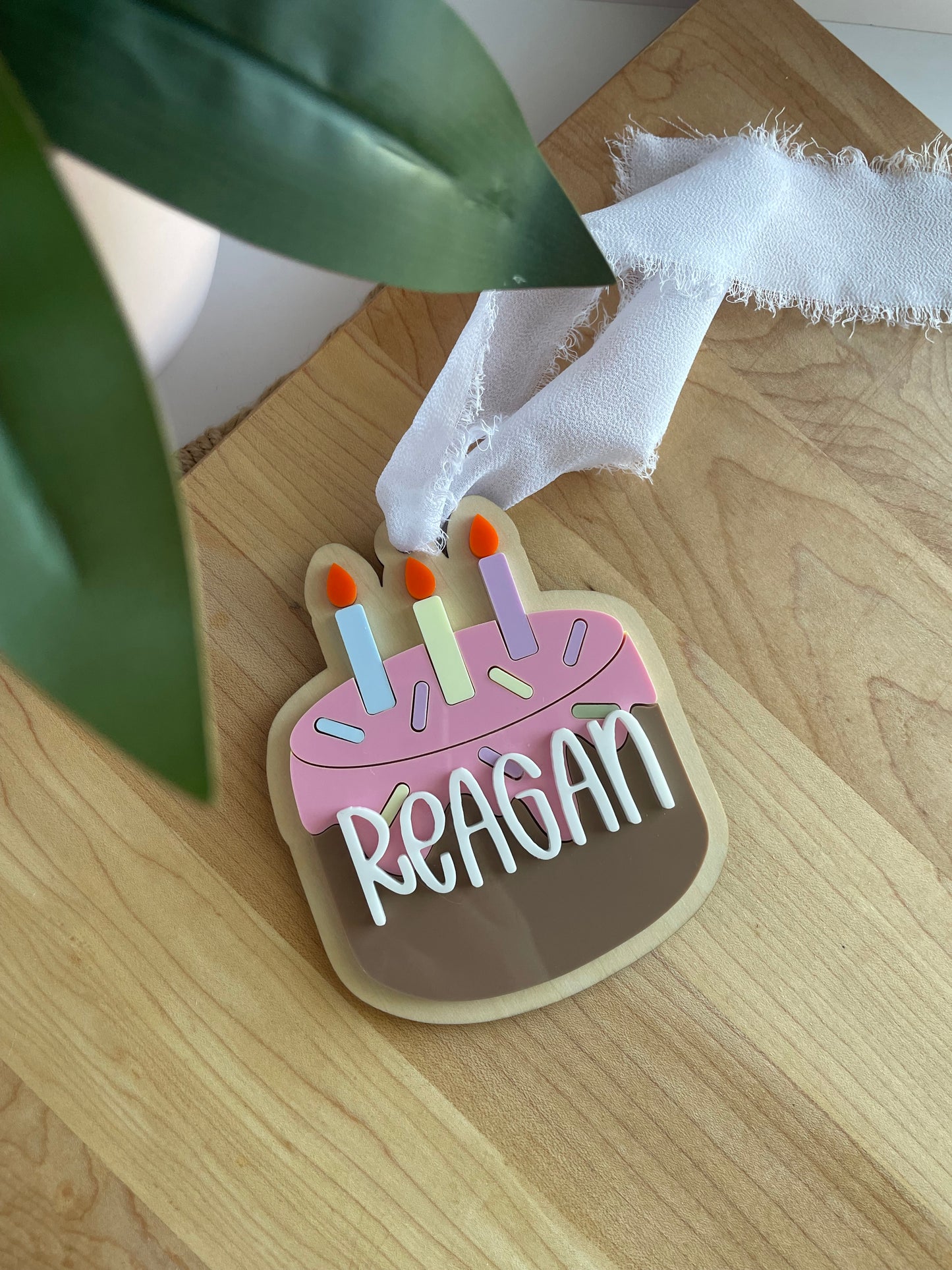 Birthday Cake Acrylic Gift Tag with Chiffon Ribbon